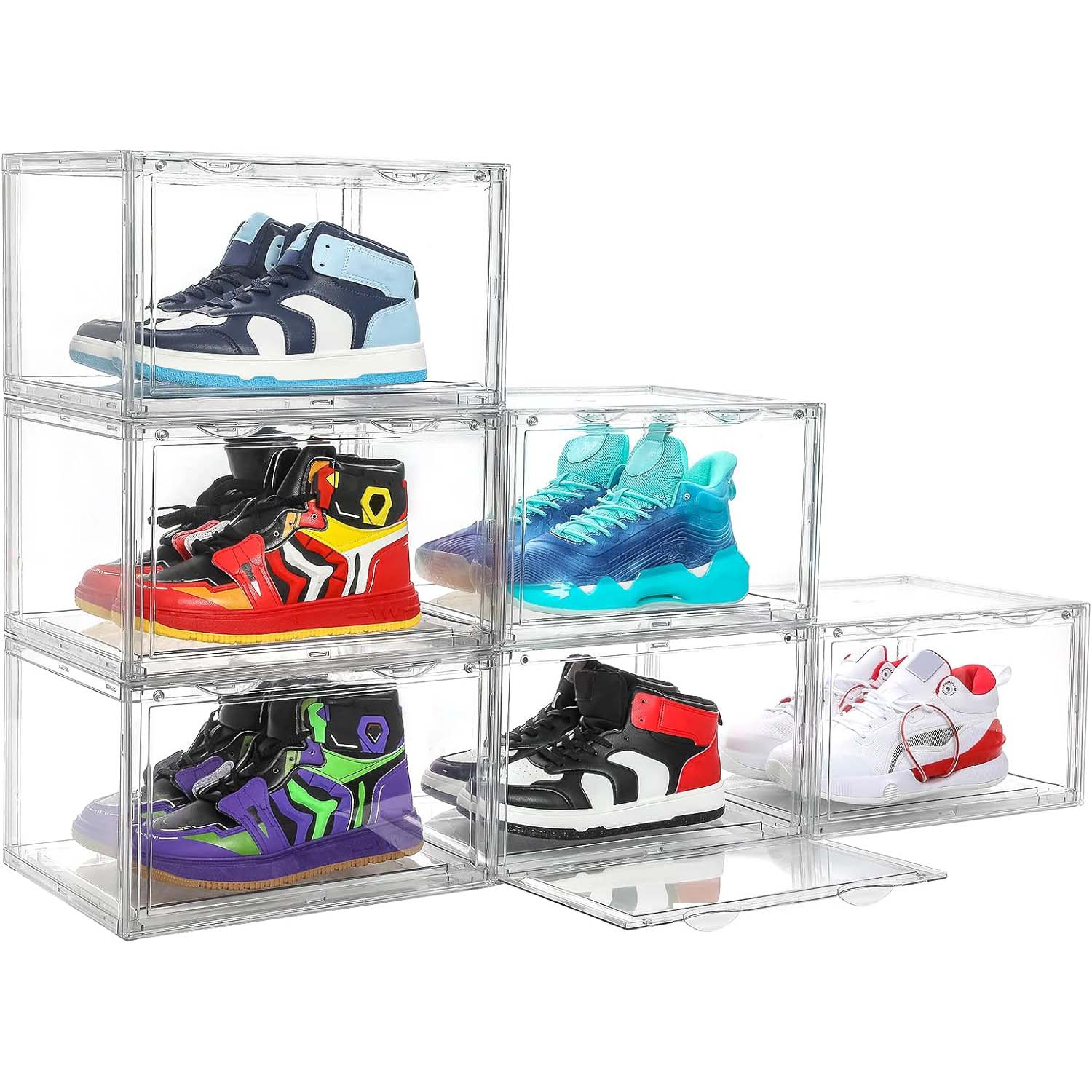 Storage Boxes: 6 Pack Large Acrylic Shoe Box Storage Side Door Open Stackable Boxes Transparent Clear Display Case