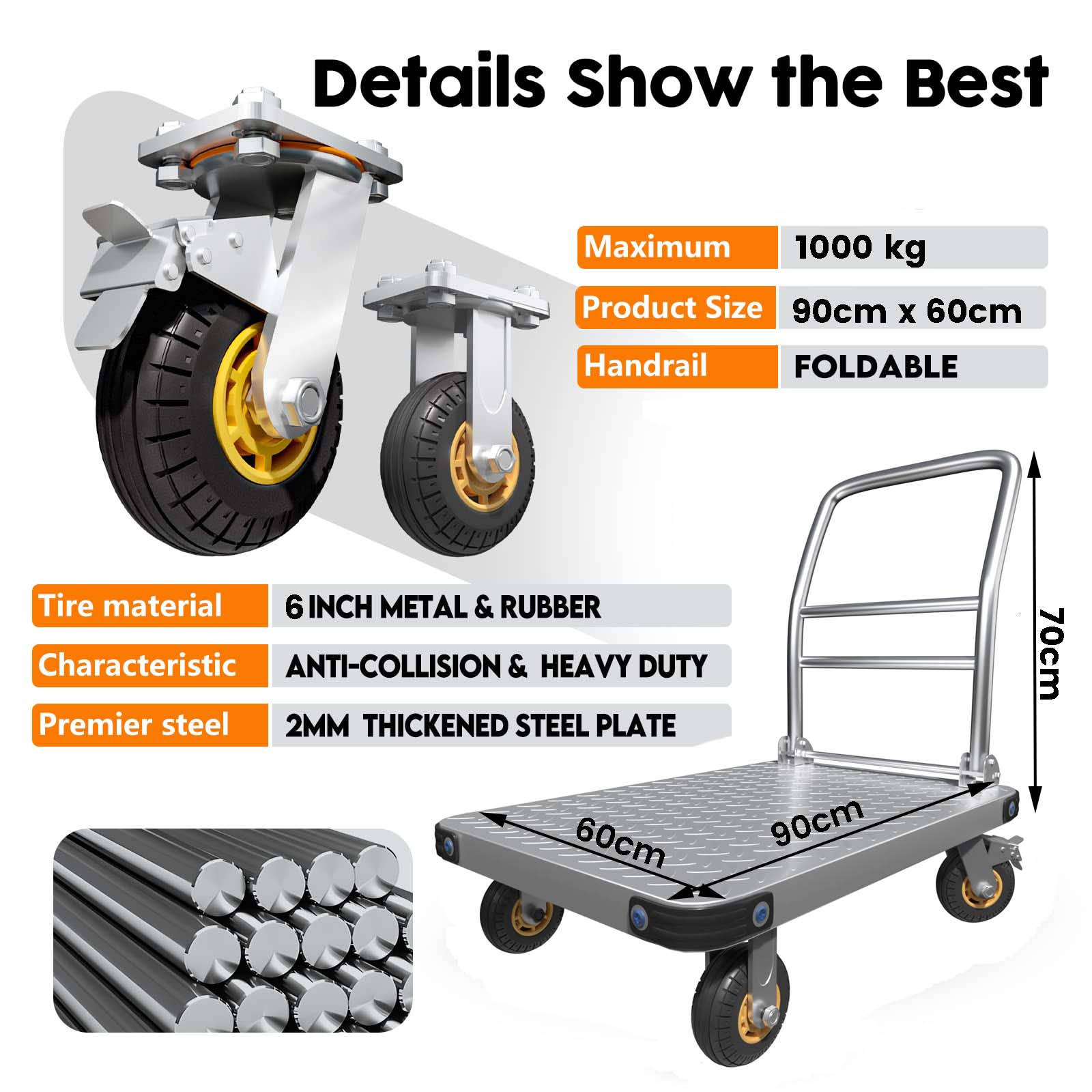 Traffic Control & Parking Tools: 1000KG Capacity Heavy Duty Foldable Platform Truck Flatbed Push Cart Steel Dolly Trolley Cart Brake