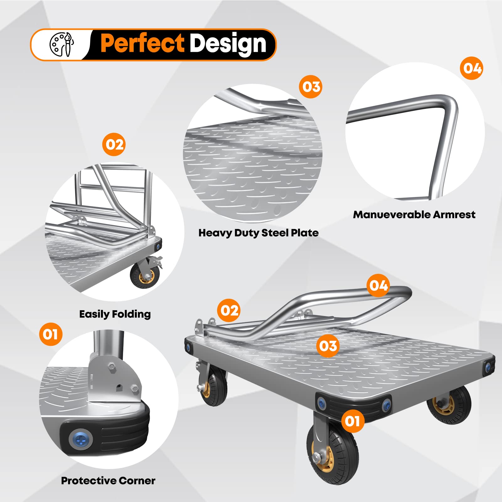 Traffic Control & Parking Tools: 1000KG Capacity Heavy Duty Foldable Platform Truck Flatbed Push Cart Steel Dolly Trolley Cart Brake