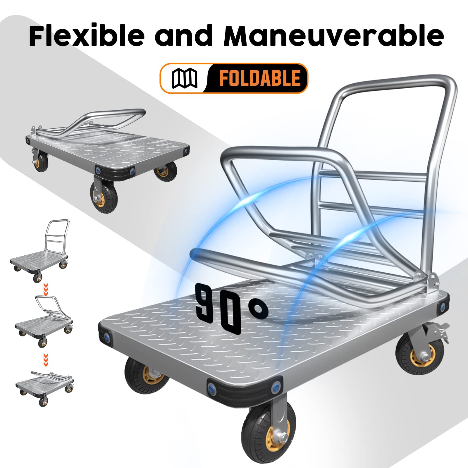 Traffic Control & Parking Tools: 1000KG Capacity Heavy Duty Foldable Platform Truck Flatbed Push Cart Steel Dolly Trolley Cart Brake