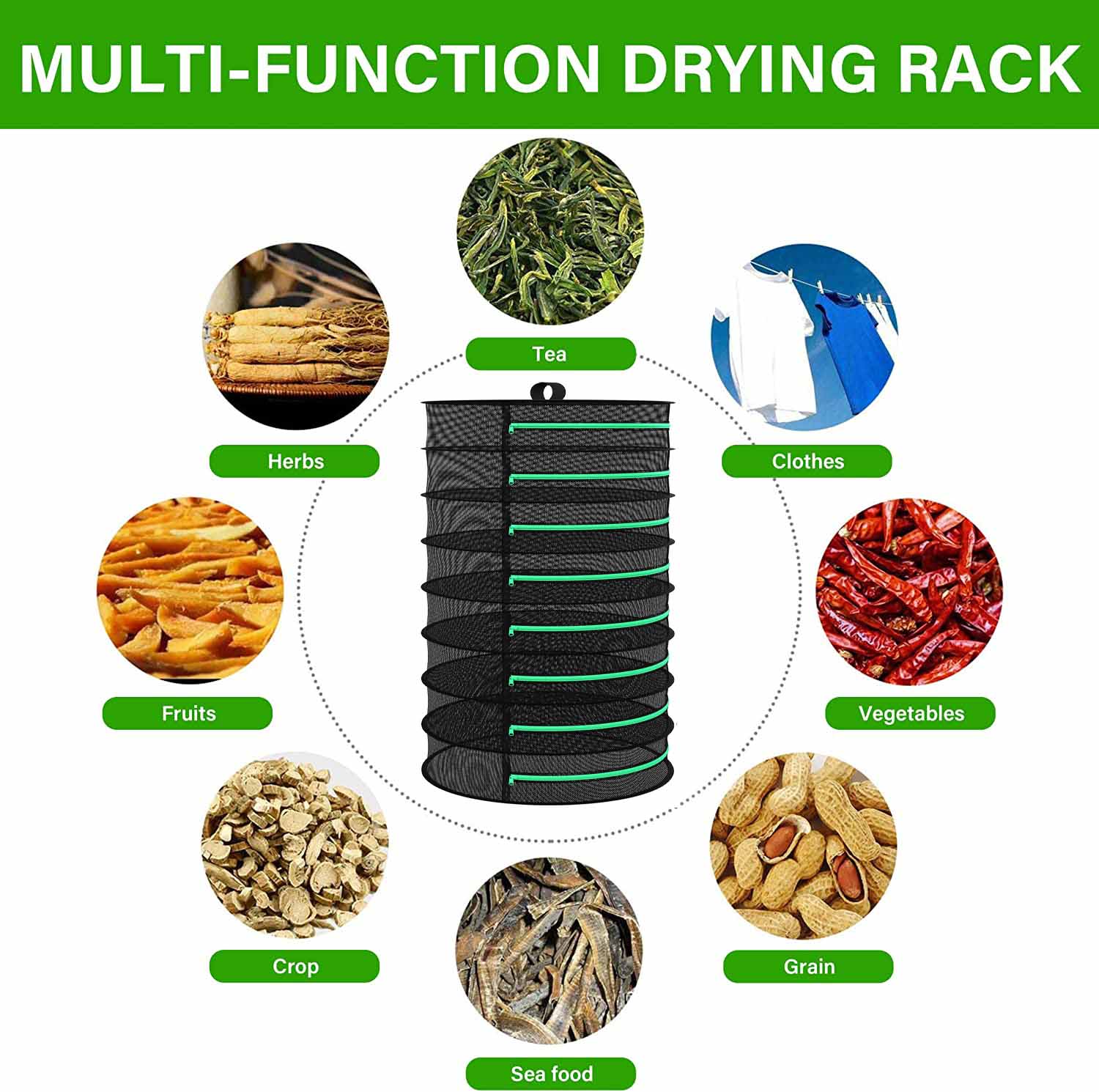 Grow Bags: 8-Layer 162cm Foldable Herb Vegetable Fruit Drying Dehydrating Rack Mesh Hanging Dryer