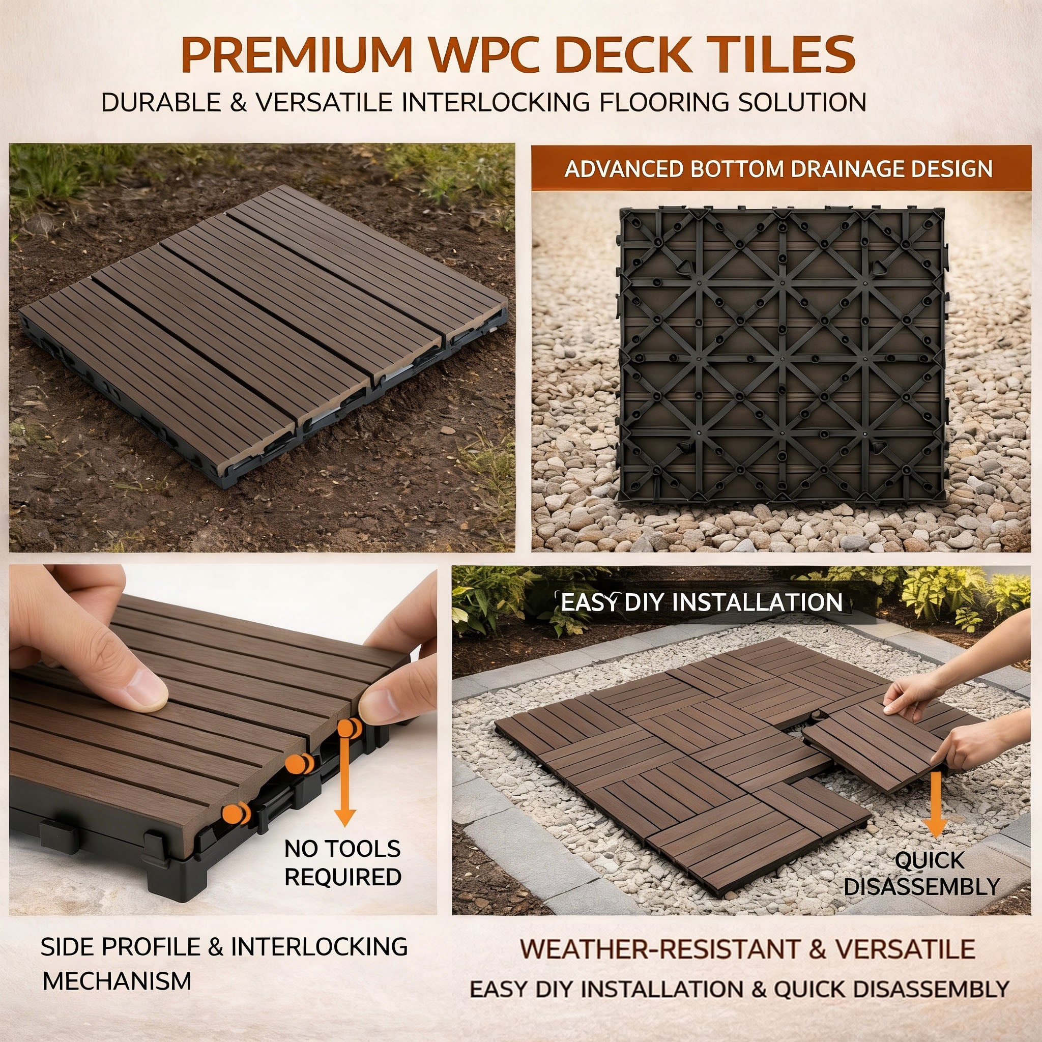10PCS Interlocking Patio Deck Tiles 30cm x 30cm Outdoor Wood Flooring for Patio Garden Balcony Poolside Walnut
