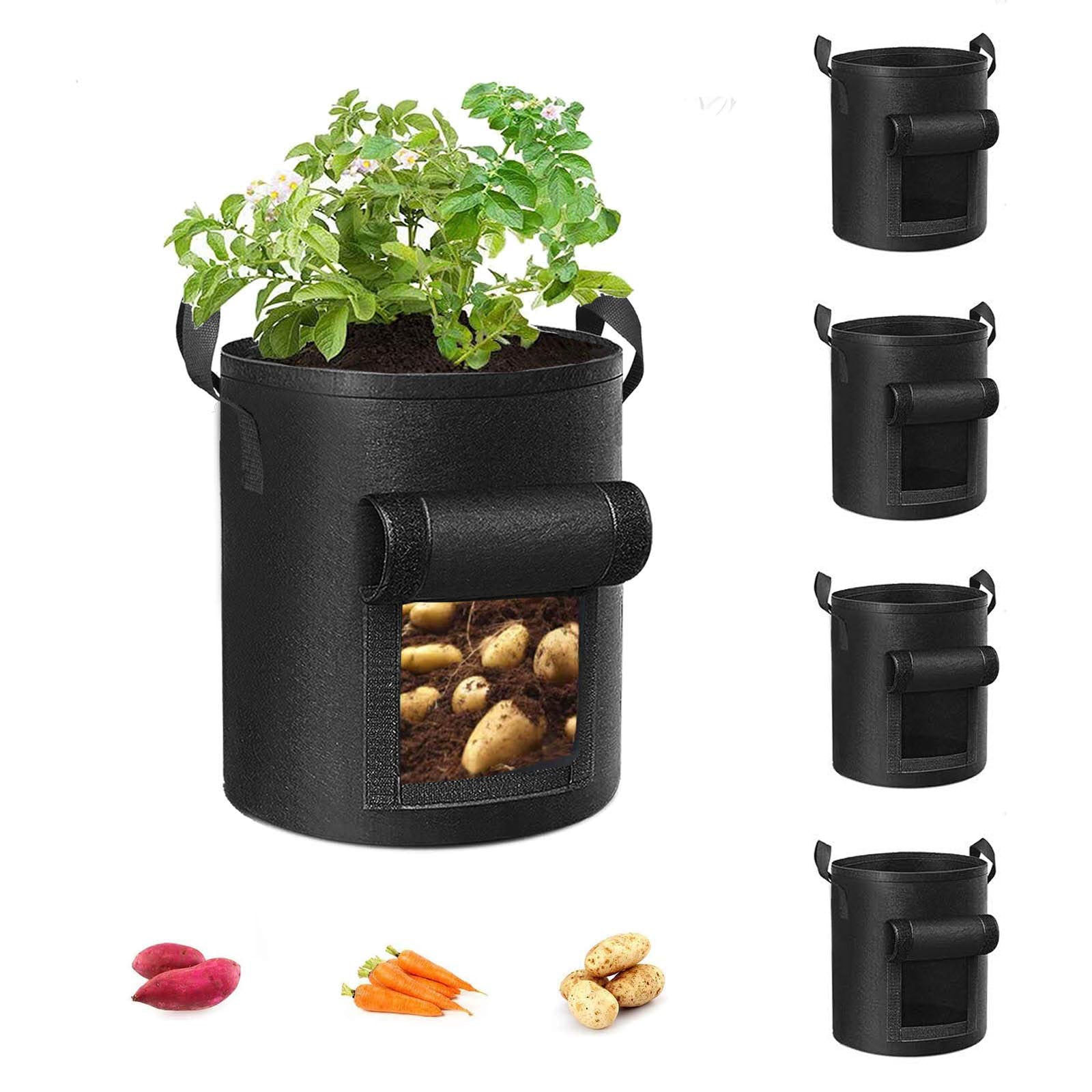 Grow Bags: 5-Pack 10 Gallons Plant Grow Bag Potato Container Pots with Handles Garden Planter Black
