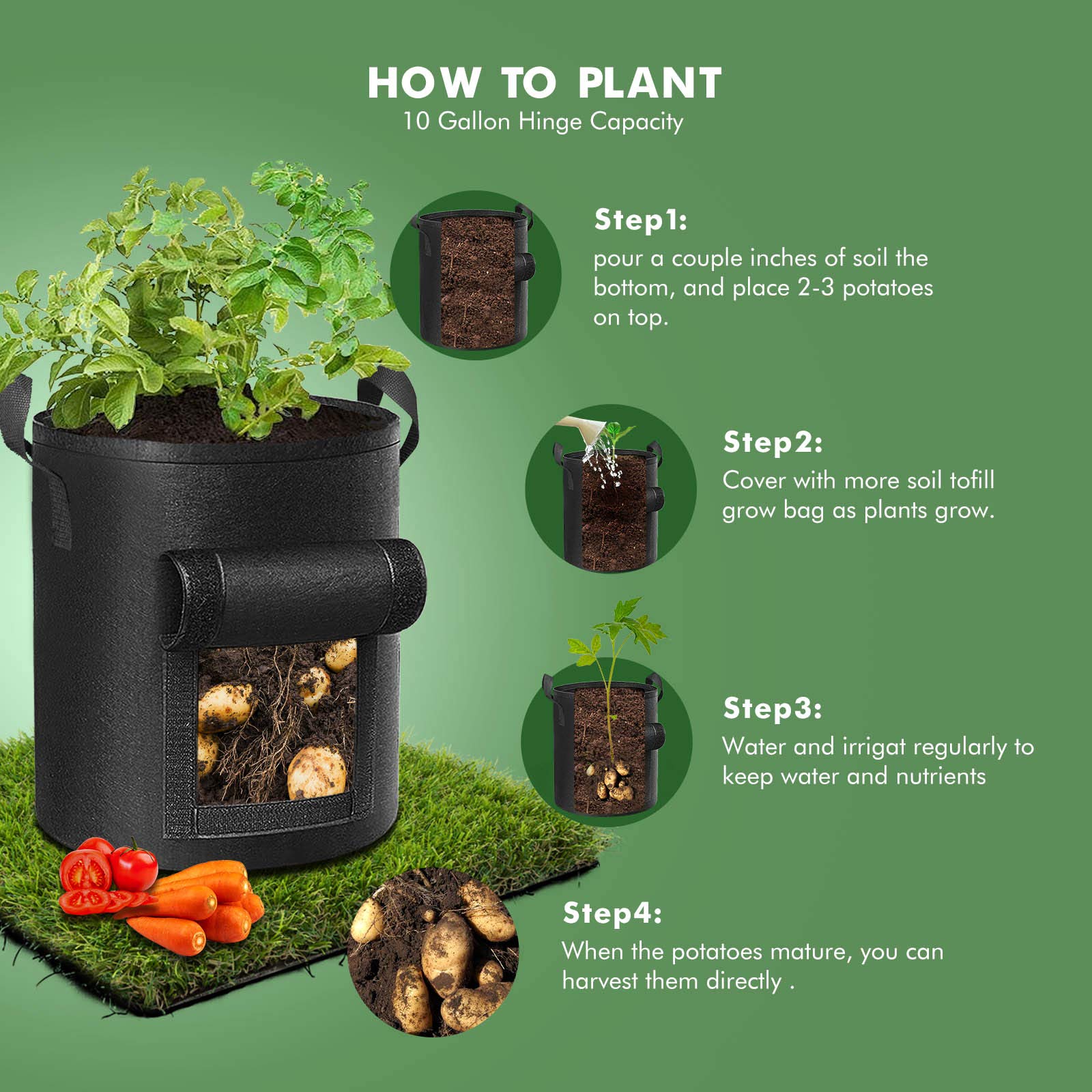 Grow Bags: 5-Pack 10 Gallons Plant Grow Bag Potato Container Pots with Handles Garden Planter Black