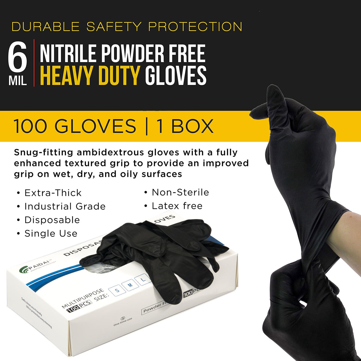 Protective Equipment: 100x Nitrile Black Industrial Mechanic Tattoo Food Disposable Gloves Medium