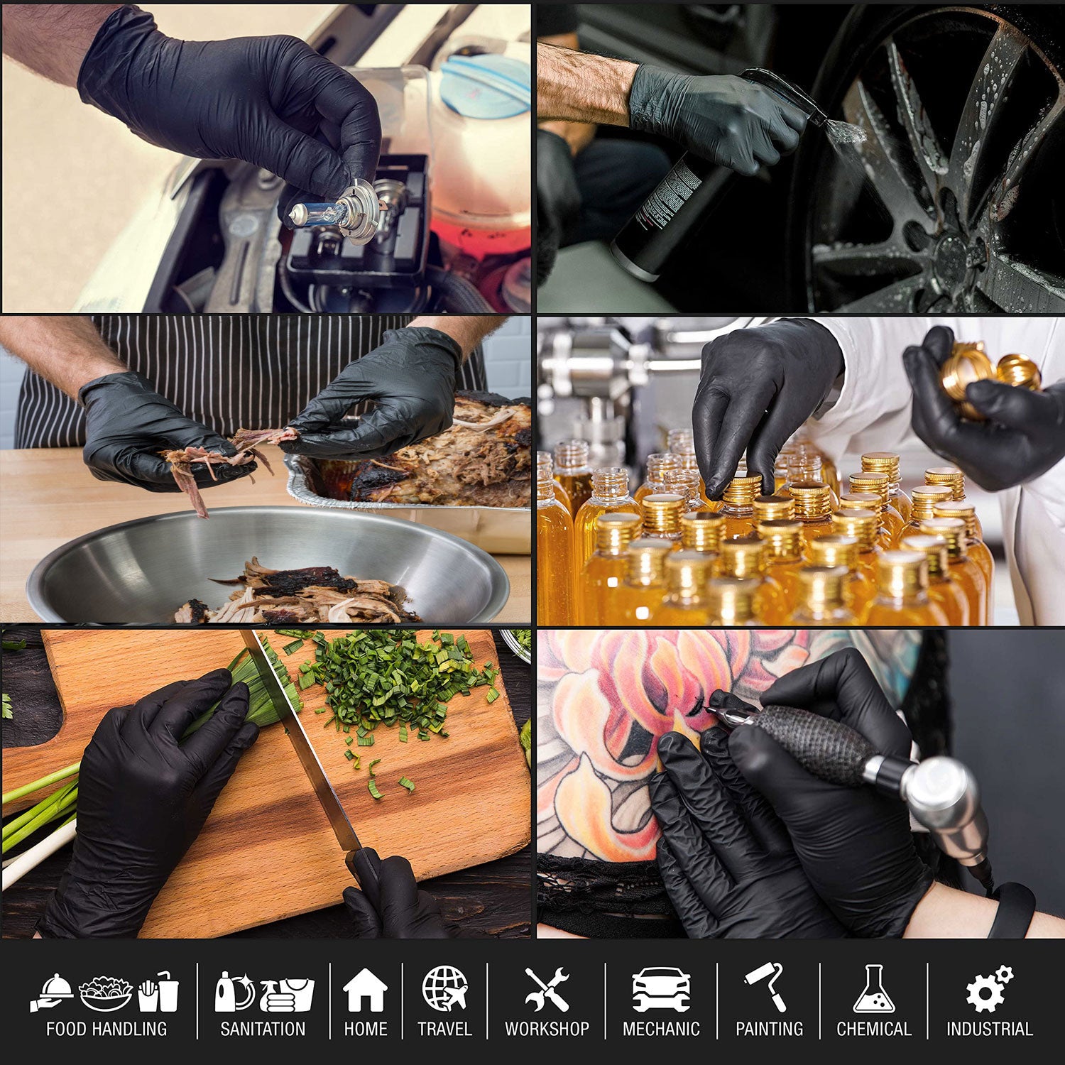 Weightlifting Gloves & Hand Supports: 100x Nitrile Black Industrial Mechanic Tattoo Food Disposable Gloves Large