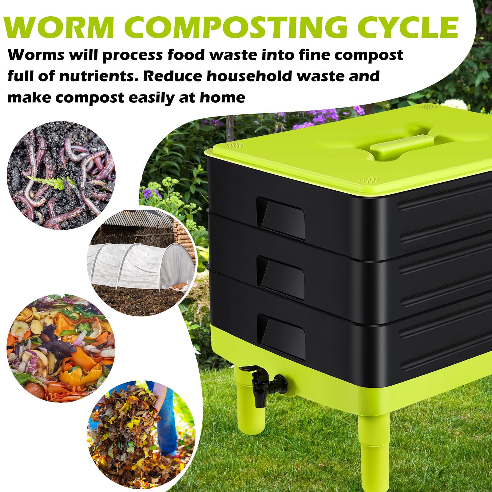 Gardening Accessories: 60L Large Worm Farm 3 Trays Worm Composter Bins Composting System Worm Tea