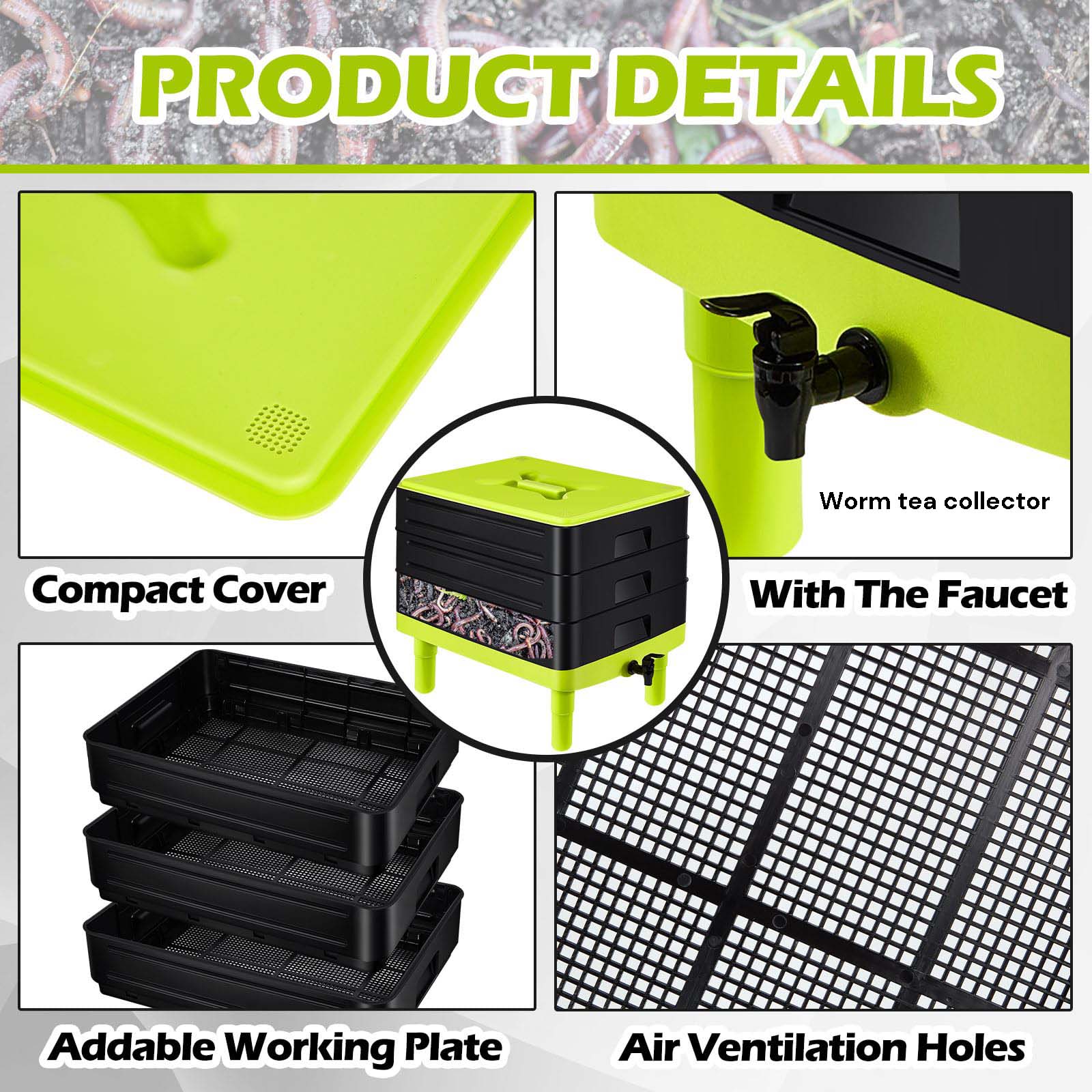 Gardening Accessories: 60L Large Worm Farm 3 Trays Worm Composter Bins Composting System Worm Tea