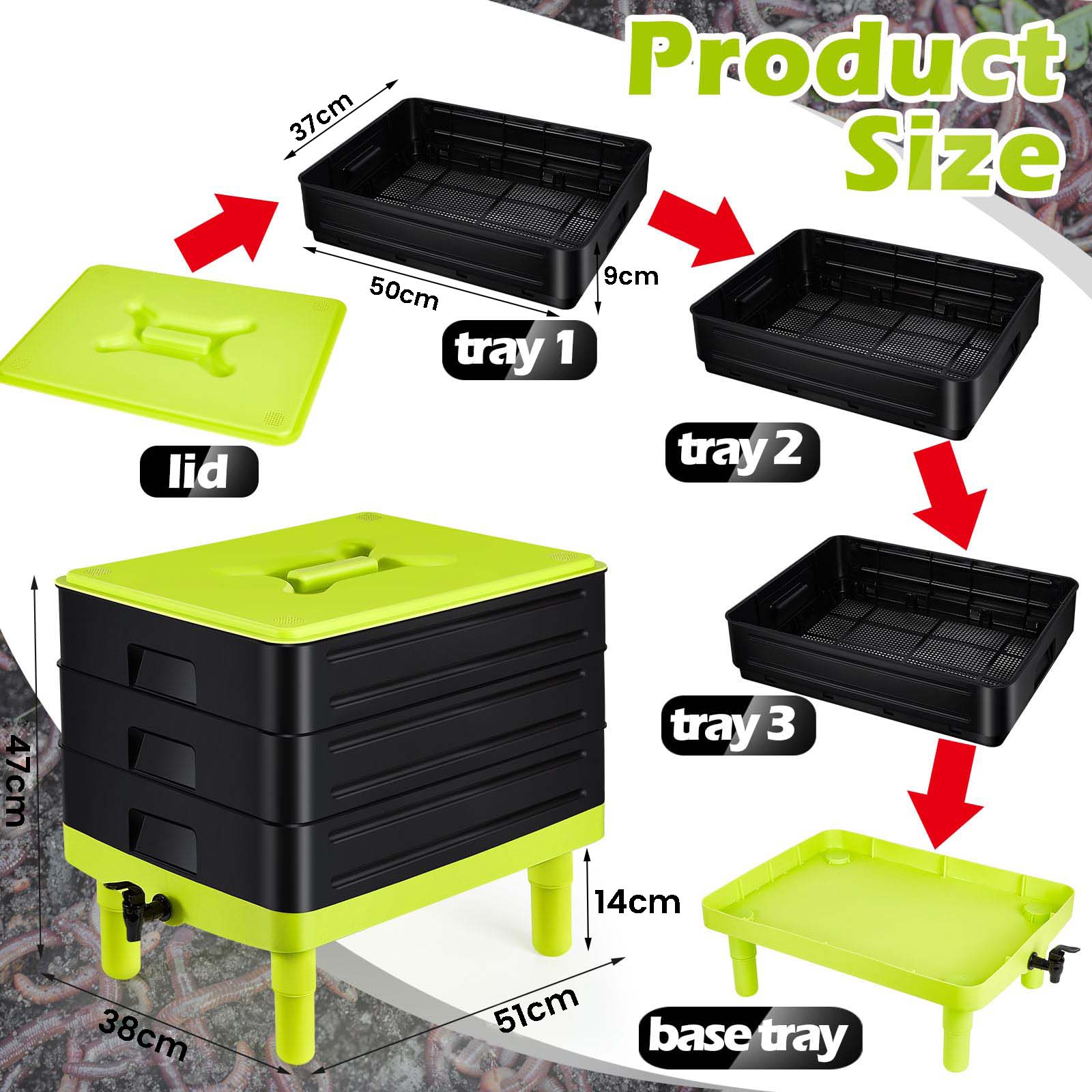 Gardening Accessories: 60L Large Worm Farm 3 Trays Worm Composter Bins Composting System Worm Tea