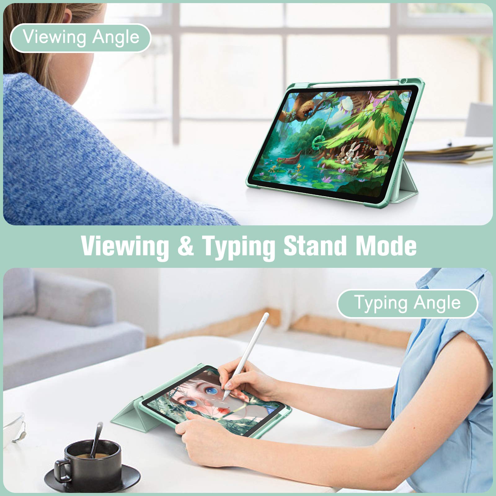 Tablets & Cases: iPad 10th Case 10.9 Inch 2022 with Pencil Holder, Smart iPad Clear Case with Soft TPU Auto Wake Sleep Green
