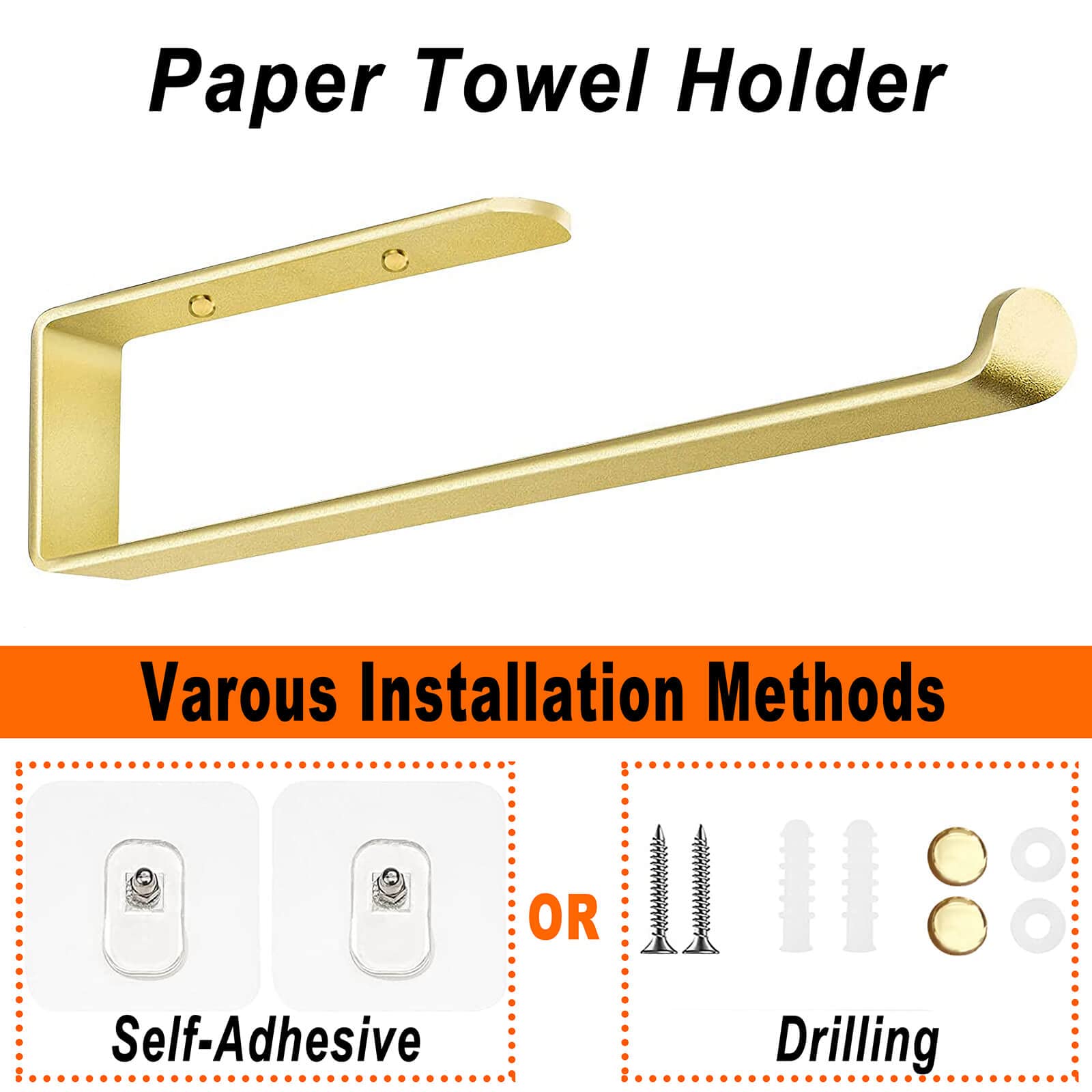 Towel Racks & Holders: Gold Kitchen Bathroom Paper Holder Towel Holder Self Adhesive or Screw Mount 31cm