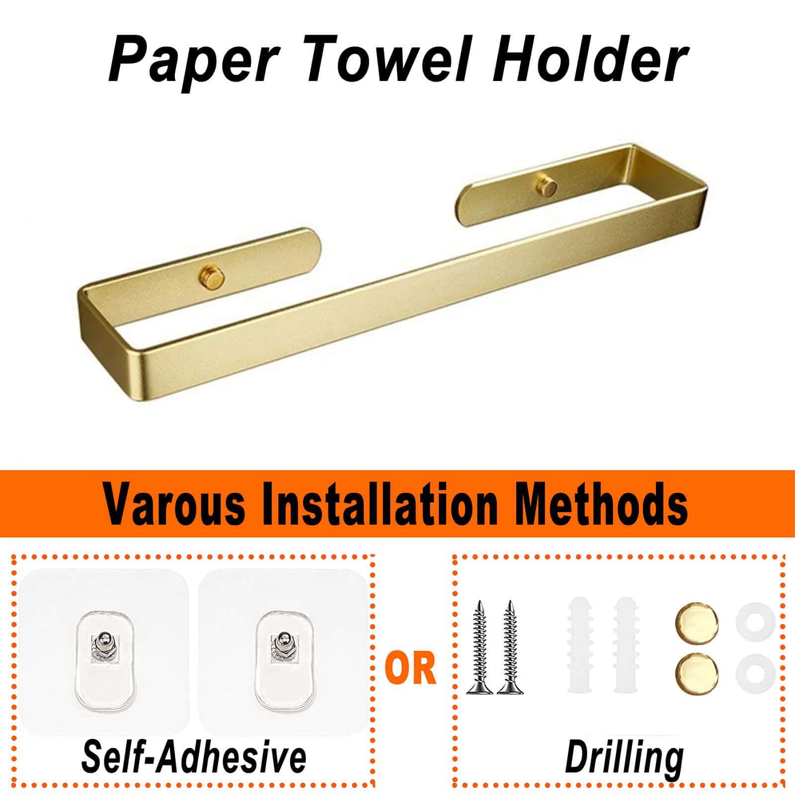 Towel Racks & Holders: Gold Kitchen Bathroom Paper Holder Towel Holder Self Adhesive or Screw Mount 40cm