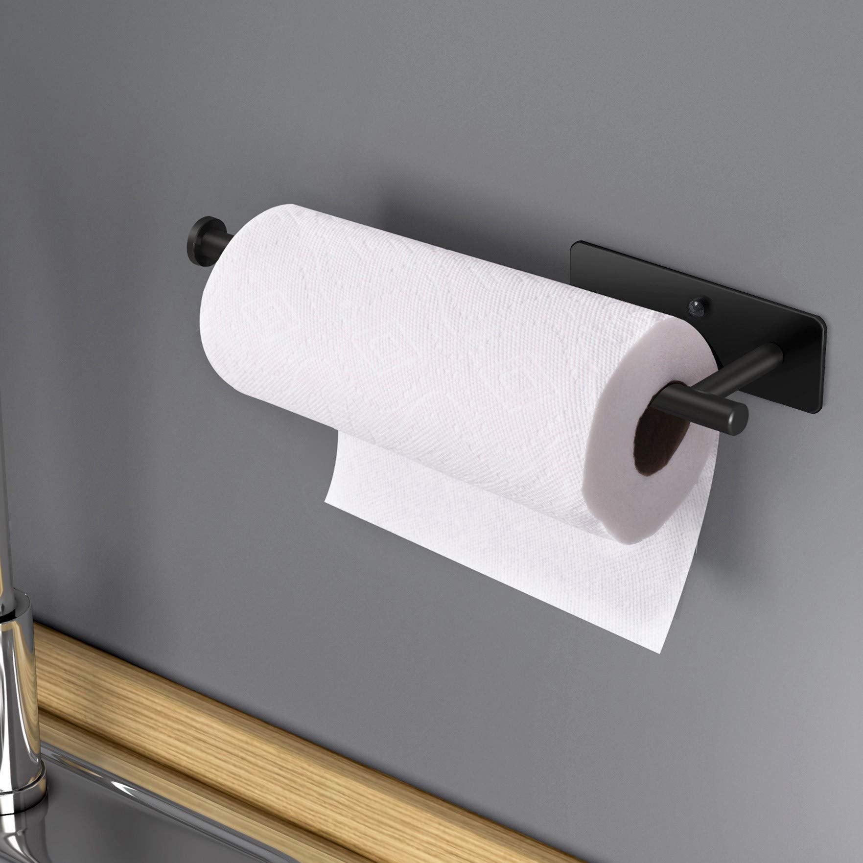 Towel Racks & Holders: Kitchen Paper Holder Under Cabinet Wall Mount Adhesive Paper Towel Holder Rectangle Black