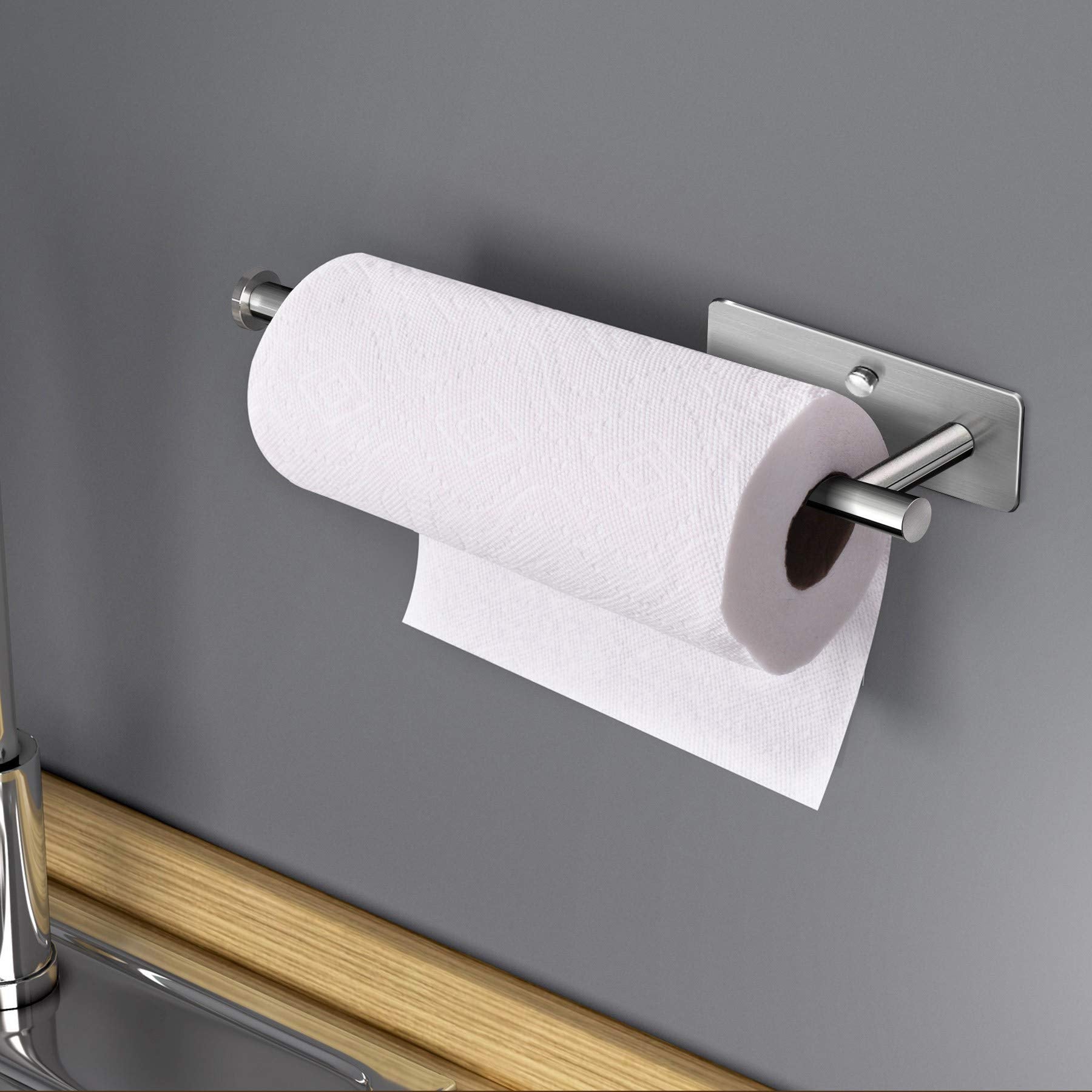 Towel Racks & Holders: Kitchen Paper Holder Under Cabinet Wall Mount Adhesive Paper Towel Holder Rectangle Silver