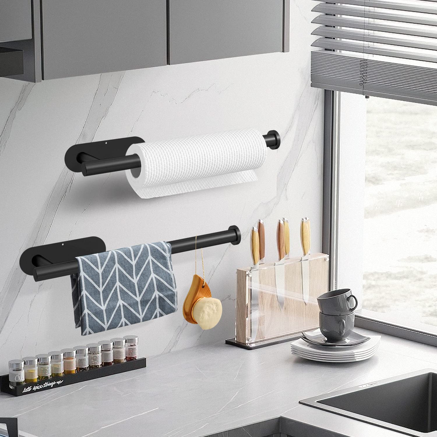 Towel Racks & Holders: Kitchen Paper Holder Under Cabinet Wall Mount Adhesive Paper Towel Holder  Black