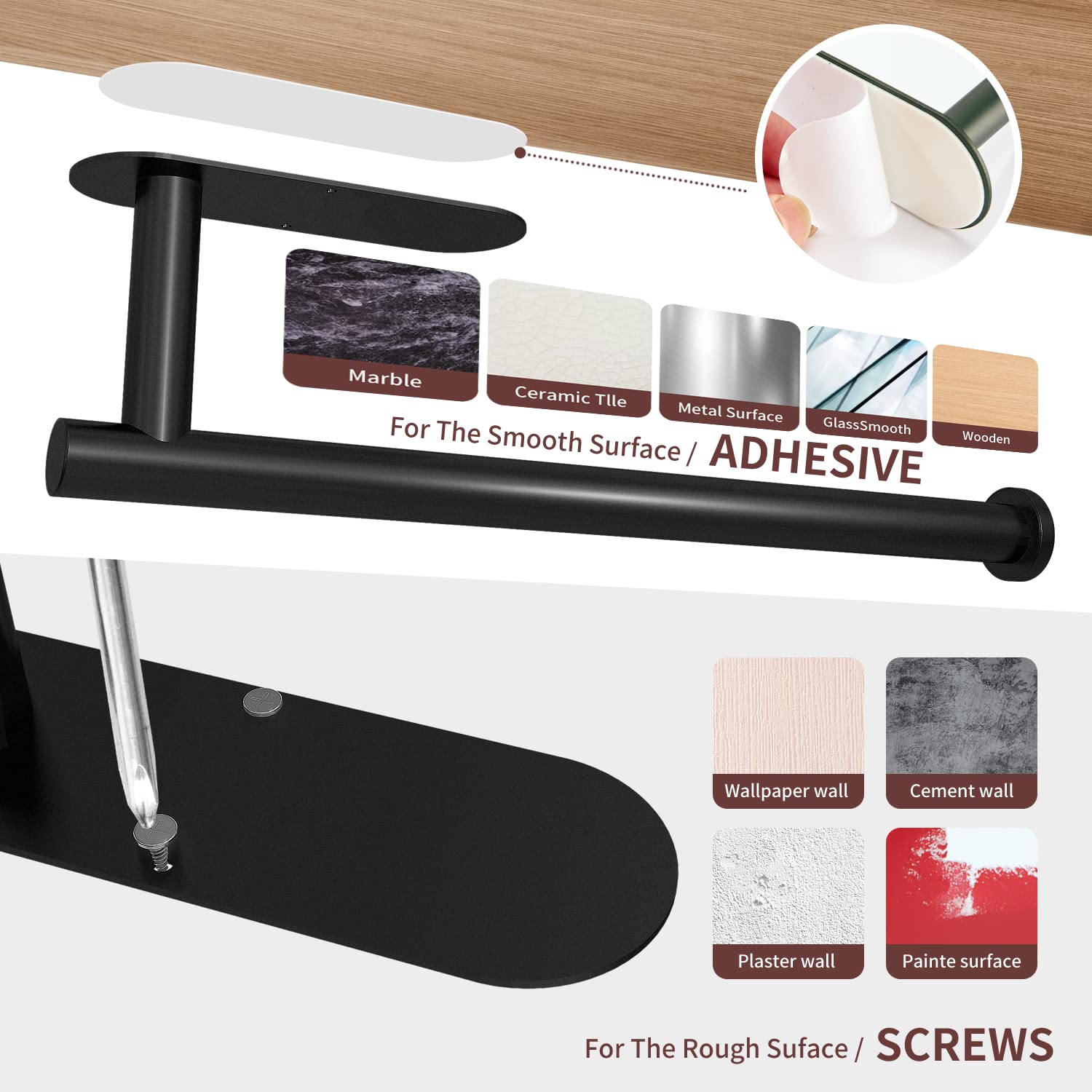 Towel Racks & Holders: Kitchen Paper Holder Under Cabinet Wall Mount Adhesive Paper Towel Holder  Black