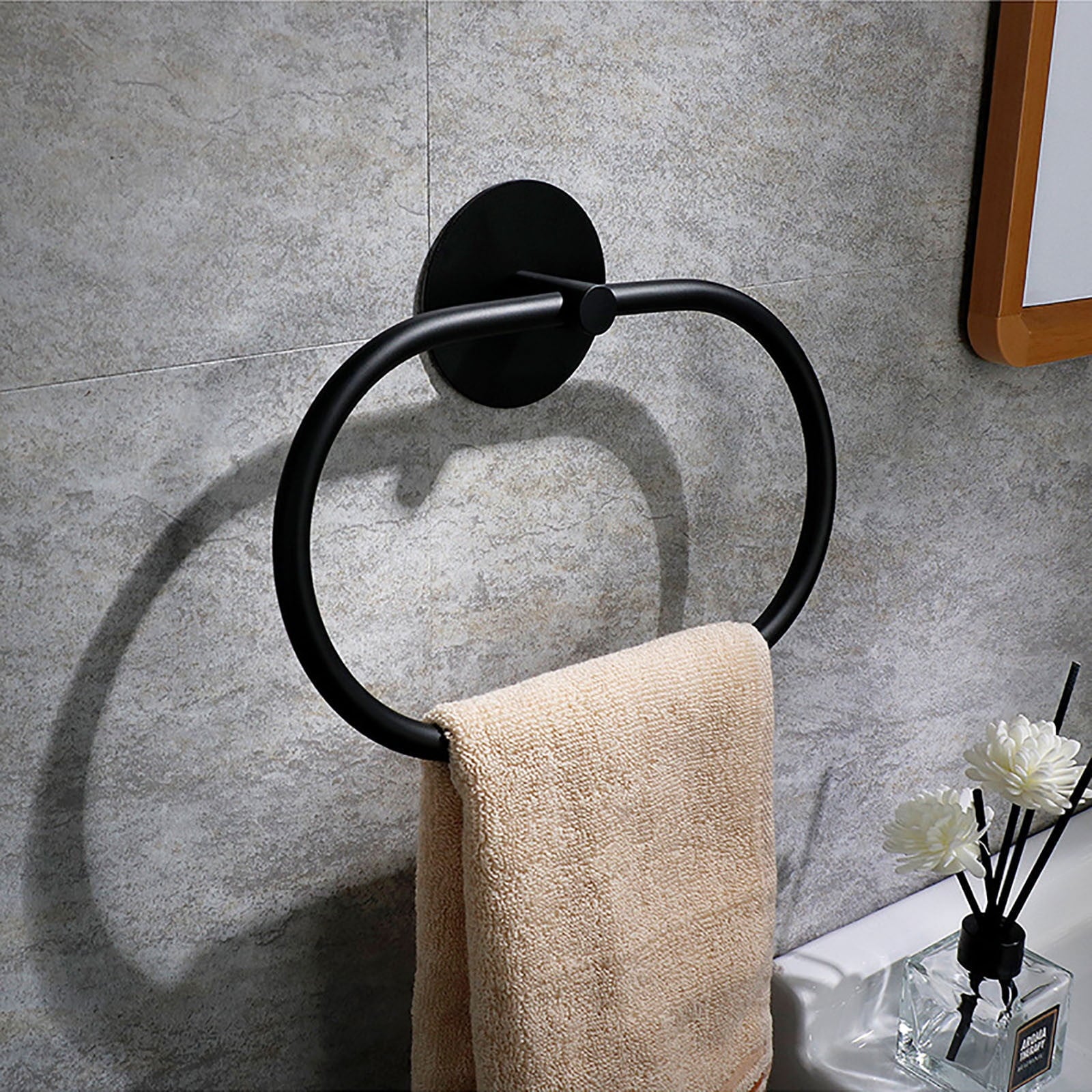 Towel Racks & Holders: Bathroom Towel Ring Bathroom Towel Rack Adhesive Hand Towels Holder Towel Hanger Black