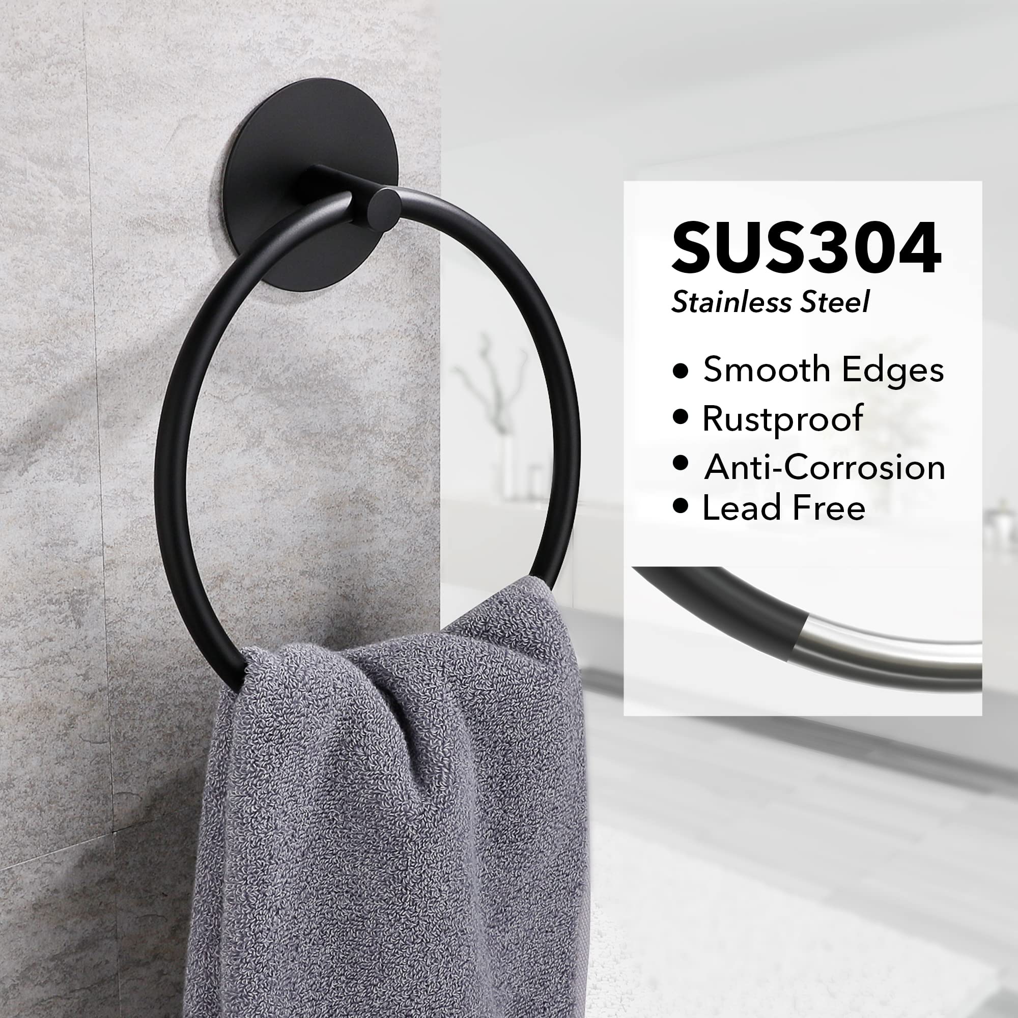Towel Racks & Holders: Bathroom Towel Ring Bathroom Towel Rack Adhesive Hand Towels Holder Towel Hanger Round Black