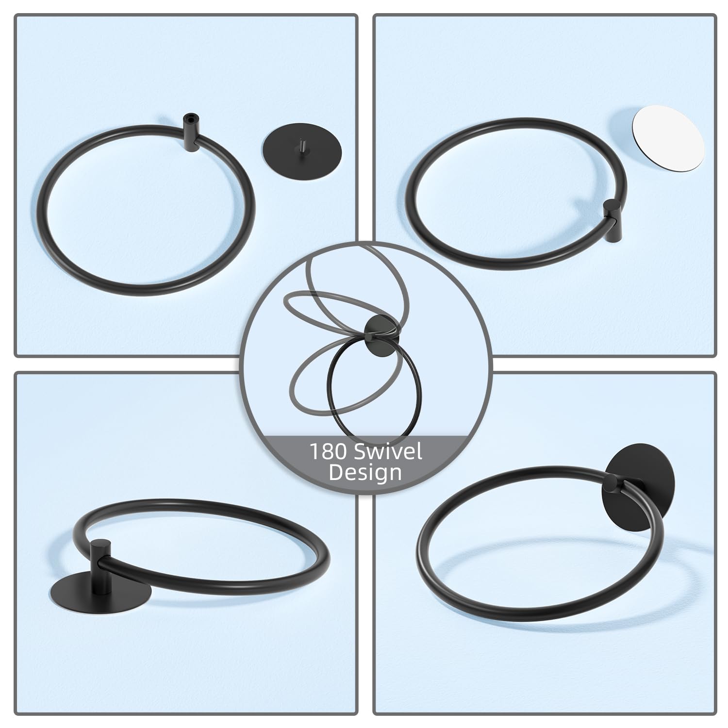 Towel Racks & Holders: Bathroom Towel Ring Bathroom Towel Rack Adhesive Hand Towels Holder Towel Hanger Round Black