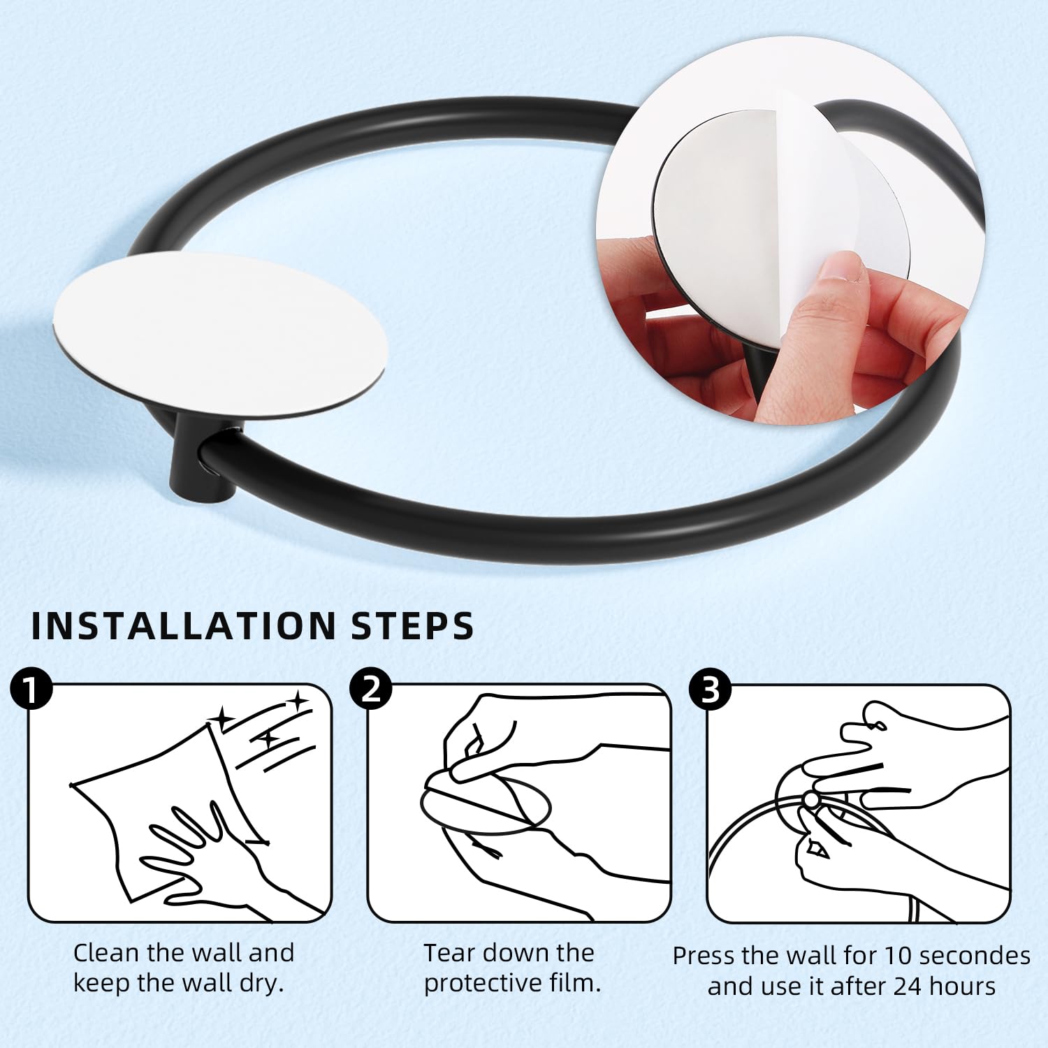 Towel Racks & Holders: Bathroom Towel Ring Bathroom Towel Rack Adhesive Hand Towels Holder Towel Hanger Round Black