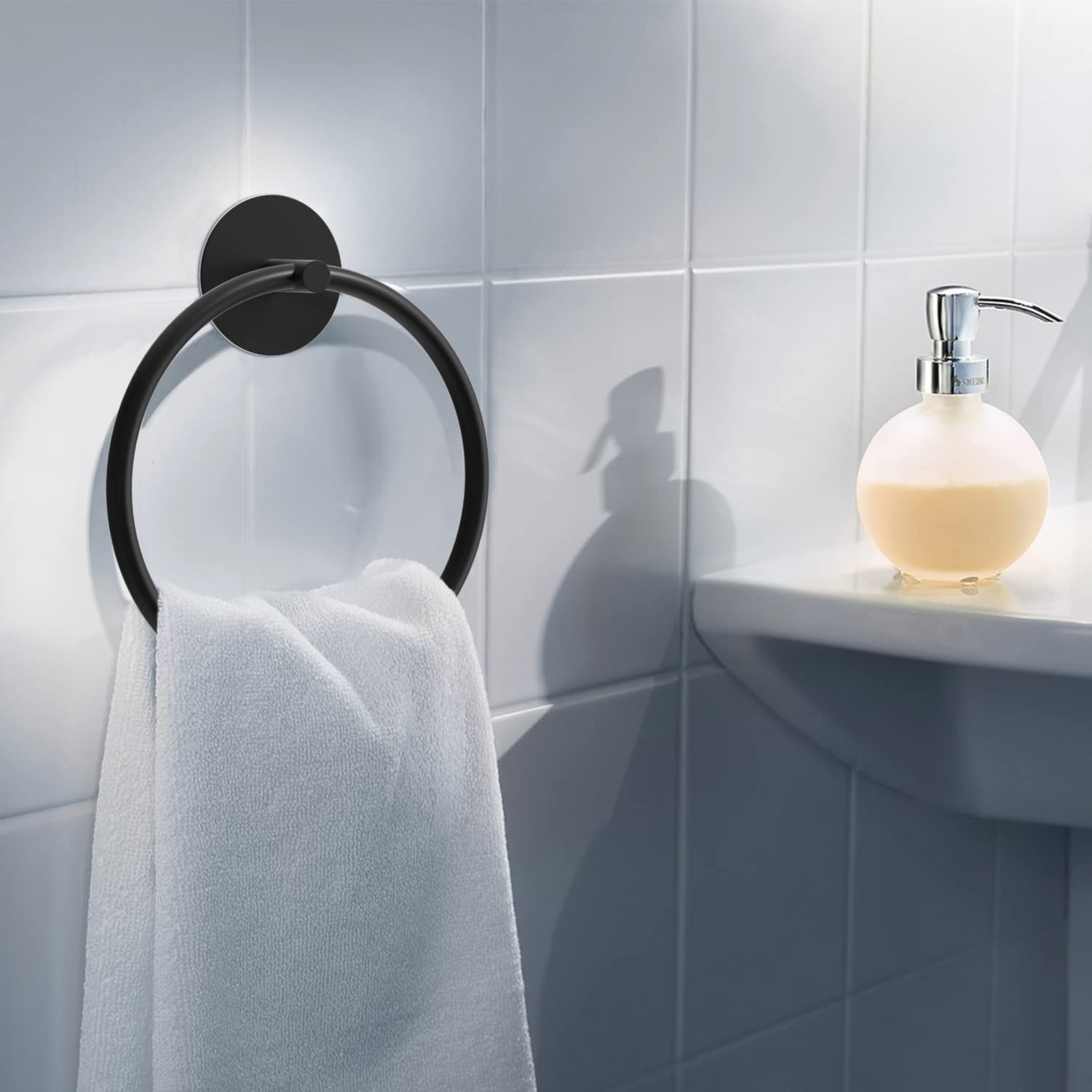 Towel Racks & Holders: Bathroom Towel Ring Bathroom Towel Rack Adhesive Hand Towels Holder Towel Hanger Round Black