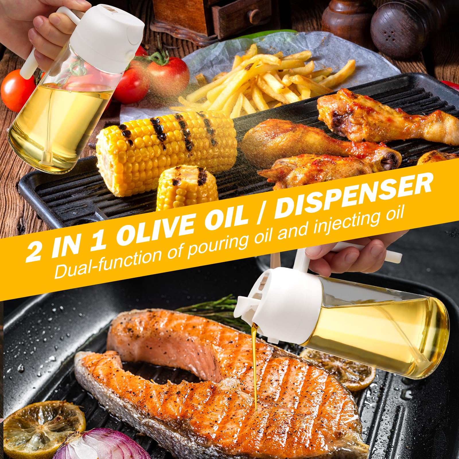 Air Fryers: 600ml 2 in 1 Glass Oil Sprayer Dispenser Kitchen Sprayz Cooking Baking Oil Bottle BBQ Spray White