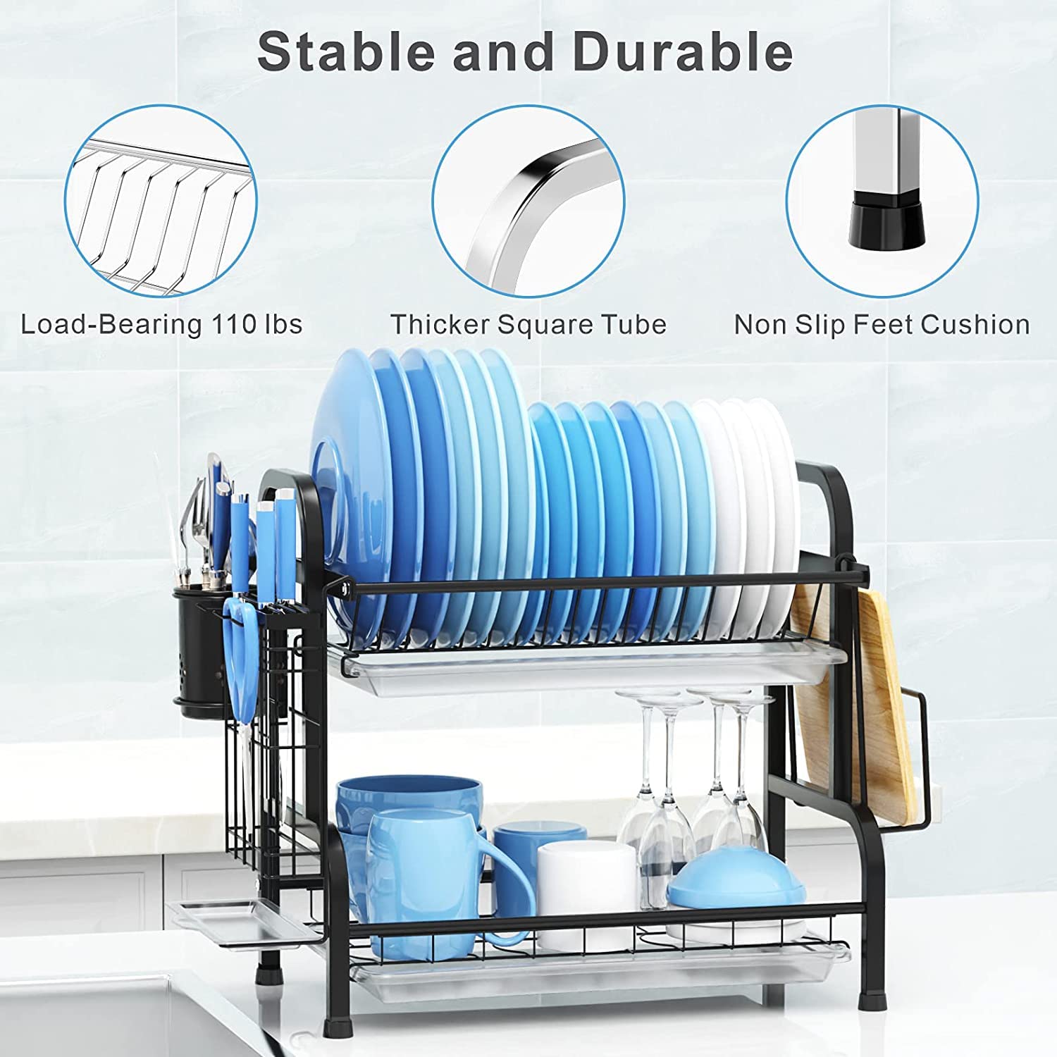 Kitchen & Bathroom DIY: Dish Rack 2 Tier Dish Dryer Drainer Stainless Steel Dish Drying Rack Drip Trays Side Holder Kitchen Storage Save Space