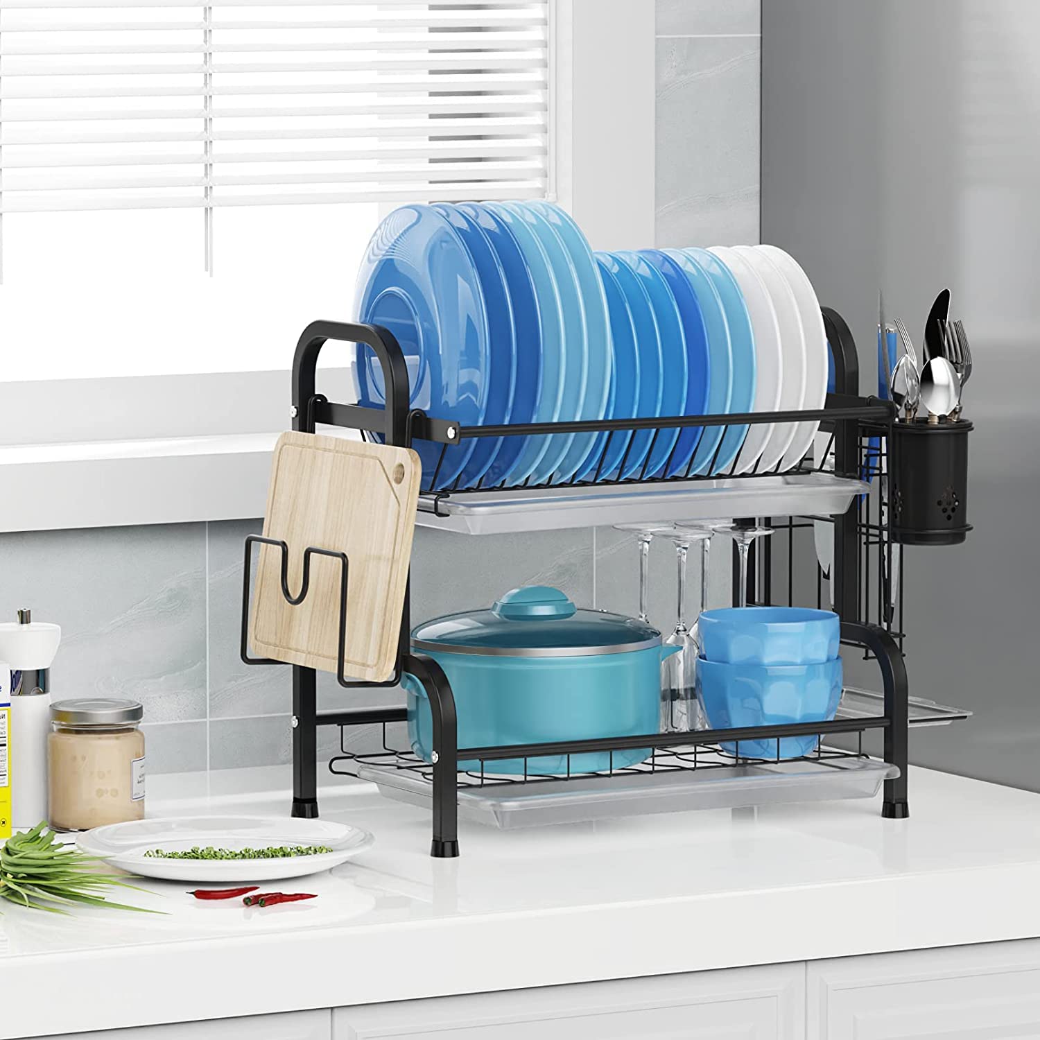 Kitchen & Bathroom DIY: Dish Rack 2 Tier Dish Dryer Drainer Stainless Steel Dish Drying Rack Drip Trays Side Holder Kitchen Storage Save Space