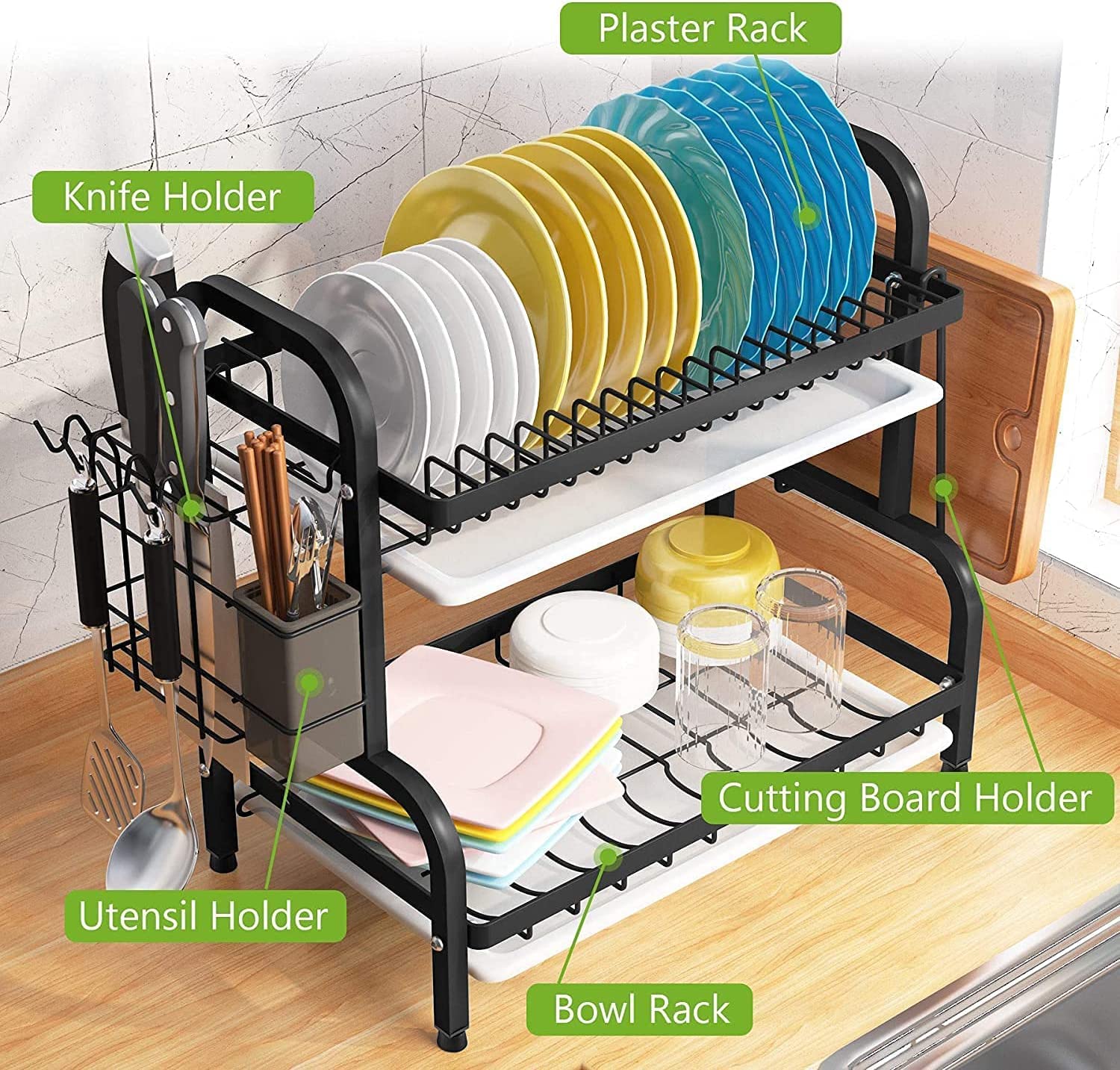Kitchen & Bathroom DIY: Dish Rack 2 Tier Dish Dryer Drainer Stainless Steel Dish Drying Rack Drip Trays Side Holder Kitchen Storage Save Space