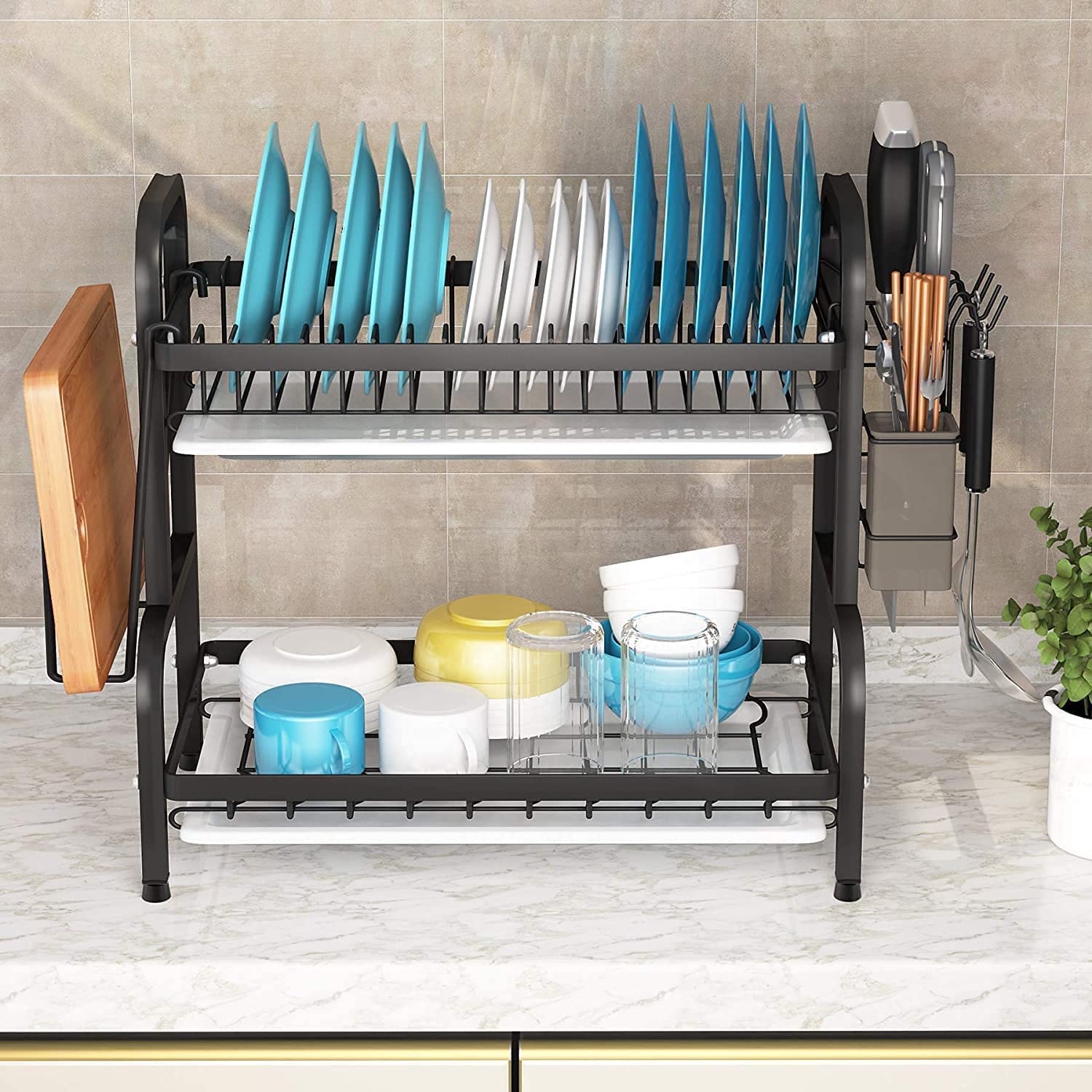 Kitchen & Bathroom DIY: Dish Rack 2 Tier Dish Dryer Drainer Stainless Steel Dish Drying Rack Drip Trays Side Holder Kitchen Storage Save Space