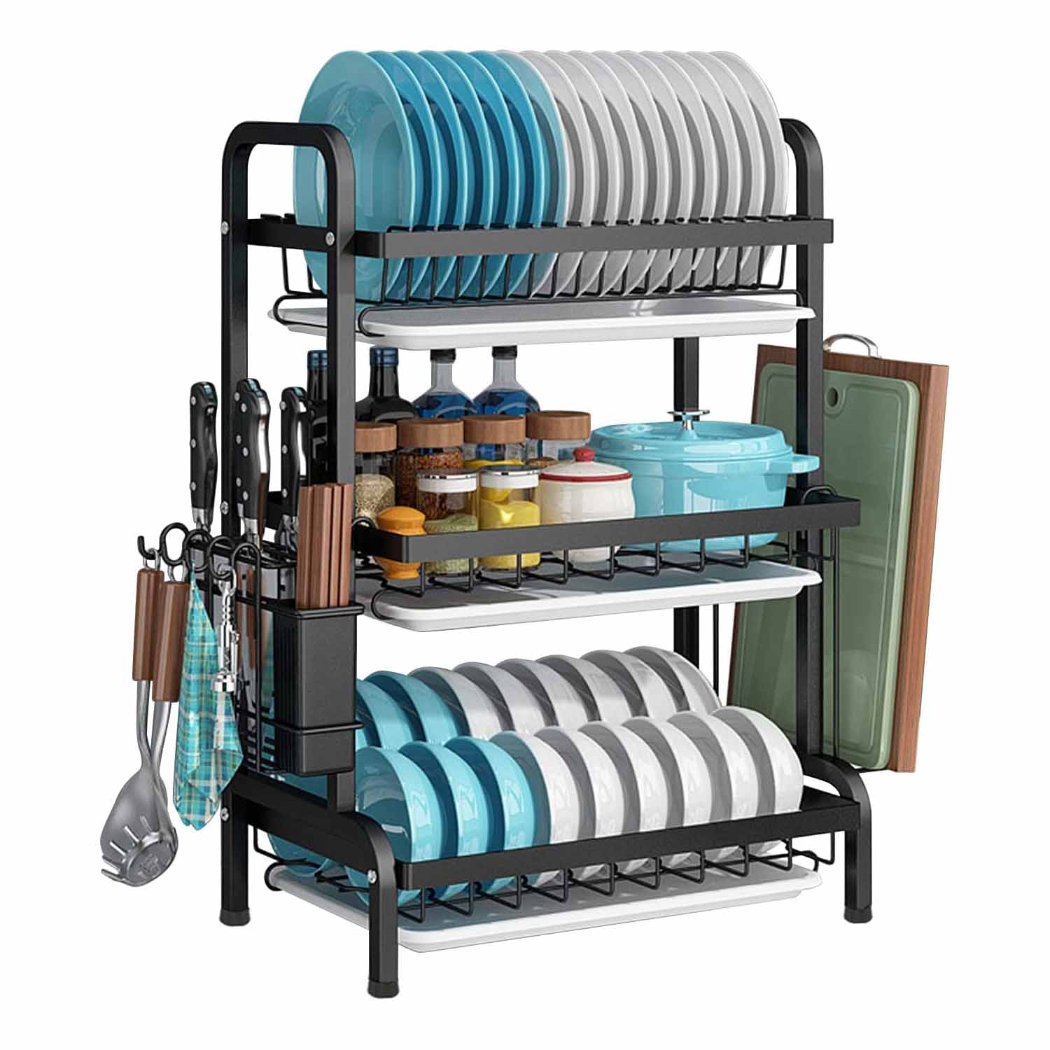Kitchen & Bathroom DIY: Dish Rack 3 Tier Dish Dryer Drainer Stainless Steel Dish Drying Rack Drip Trays Side Holder Kitchen Storage Save Space