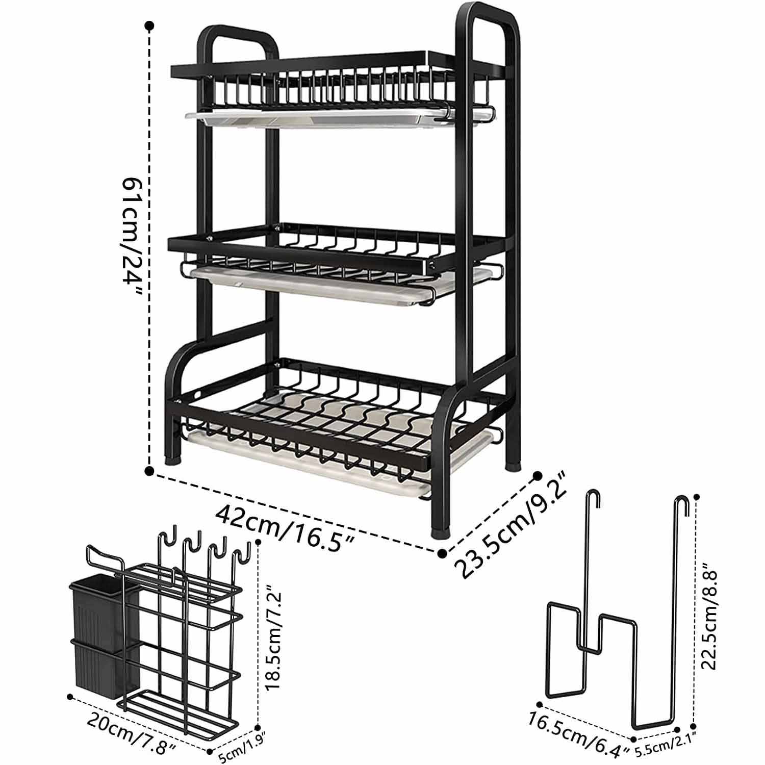 Kitchen & Bathroom DIY: Dish Rack 3 Tier Dish Dryer Drainer Stainless Steel Dish Drying Rack Drip Trays Side Holder Kitchen Storage Save Space