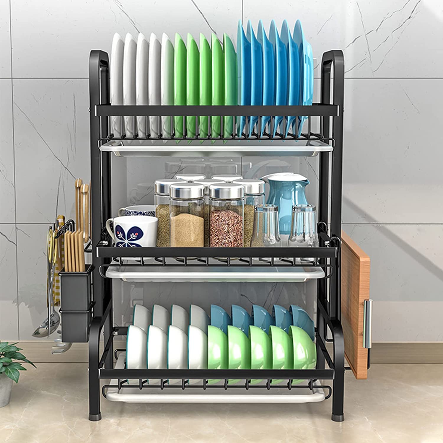 Kitchen & Bathroom DIY: Dish Rack 3 Tier Dish Dryer Drainer Stainless Steel Dish Drying Rack Drip Trays Side Holder Kitchen Storage Save Space