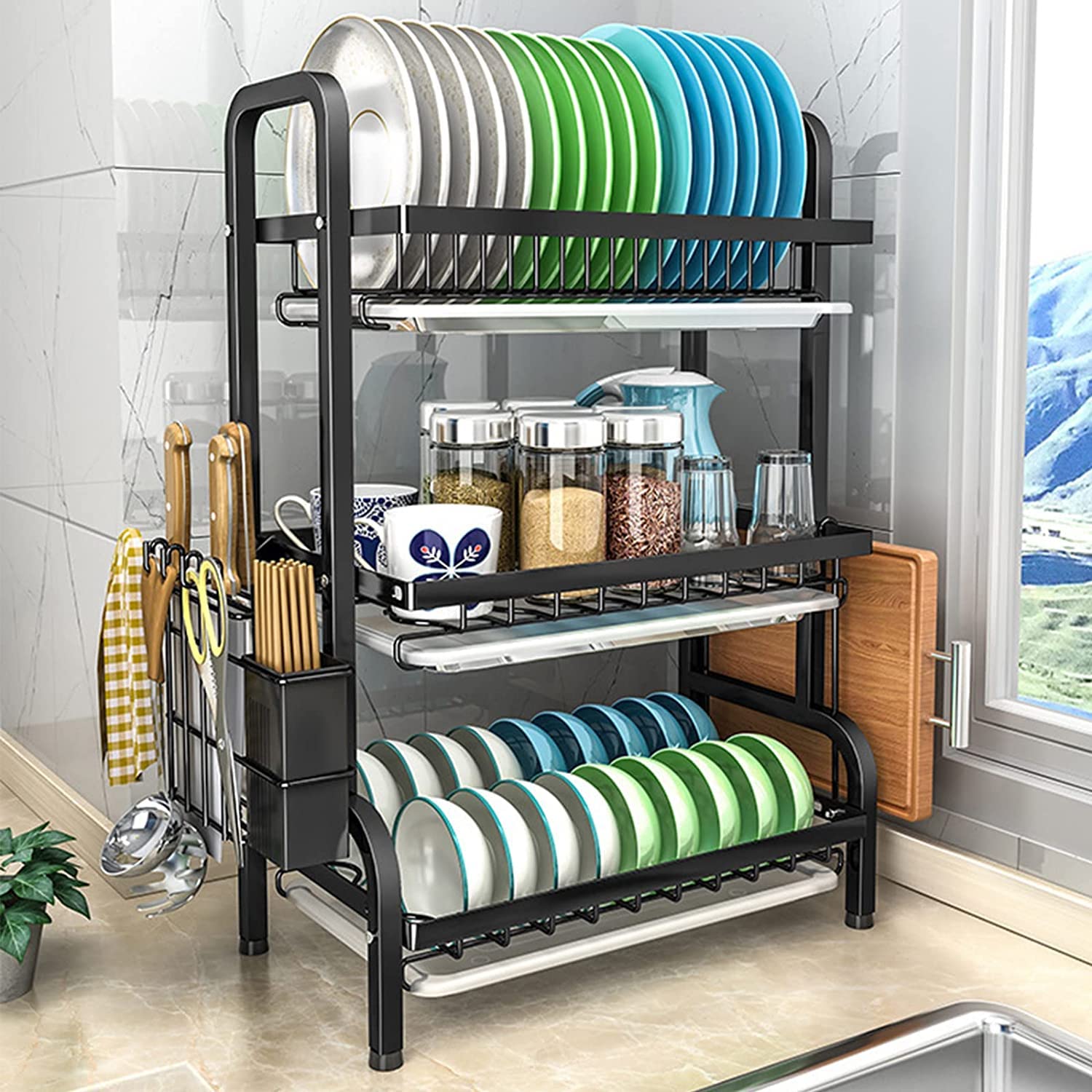 Kitchen & Bathroom DIY: Dish Rack 3 Tier Dish Dryer Drainer Stainless Steel Dish Drying Rack Drip Trays Side Holder Kitchen Storage Save Space