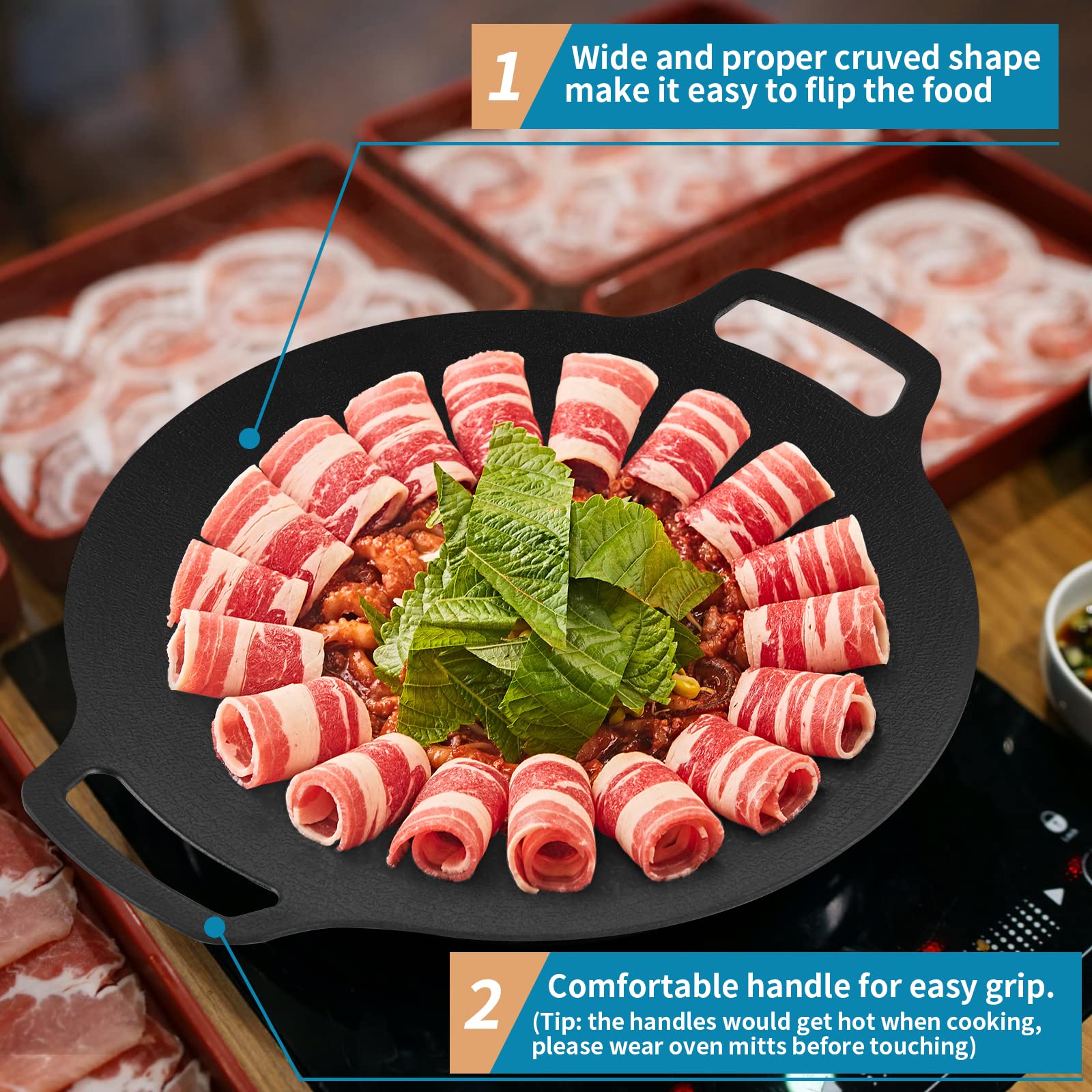 BBQ Tools: Korean Grill Pan Nonstick 6 Layer 40cm Round BBQ Griddle Indoor or Outdoor Cooking
