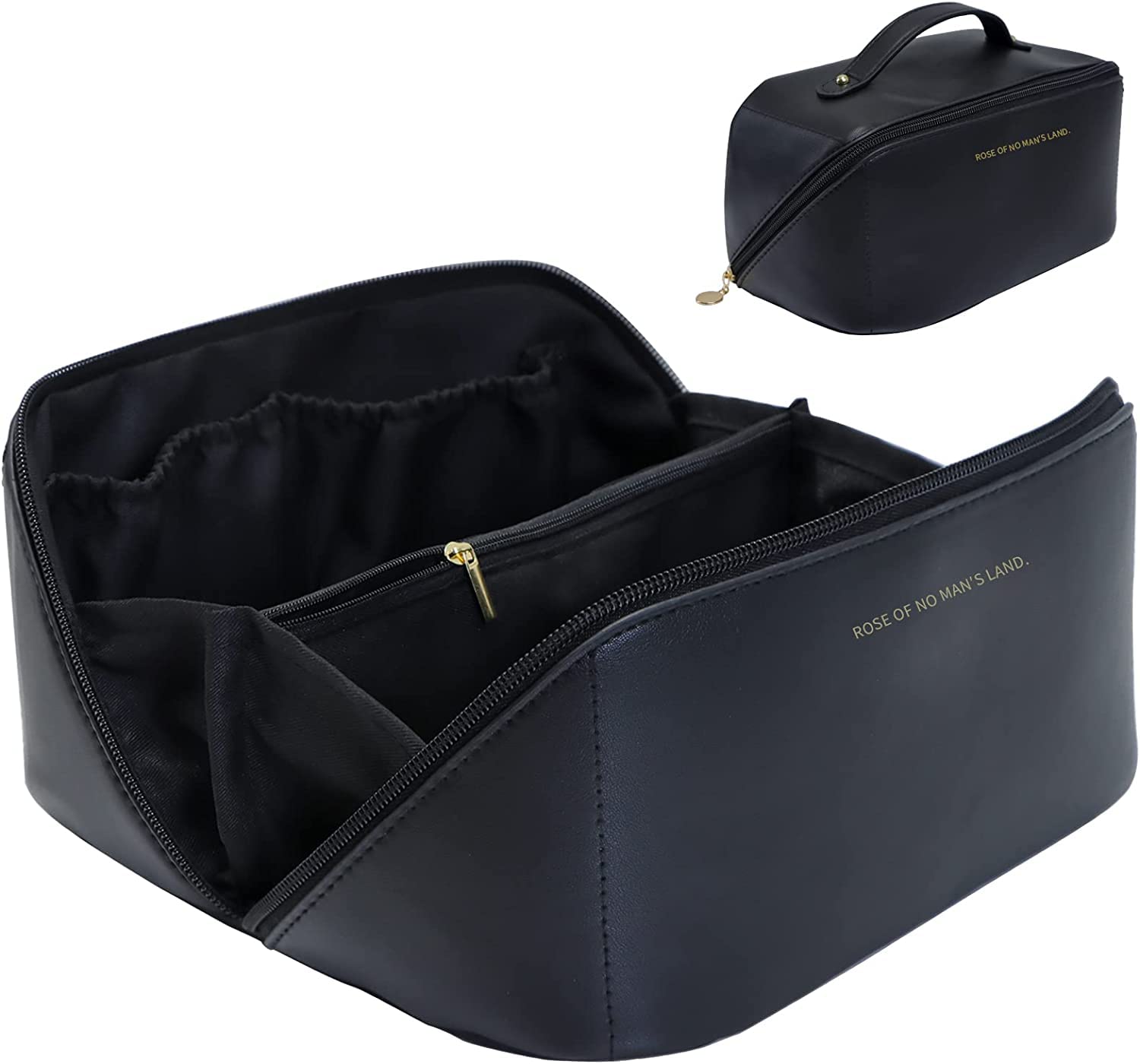 Cosmetic & Toiletry Bags: Large Travel Cosmetic Bag Portable Make up Makeup Bag Waterproof PU Leather Storage Black