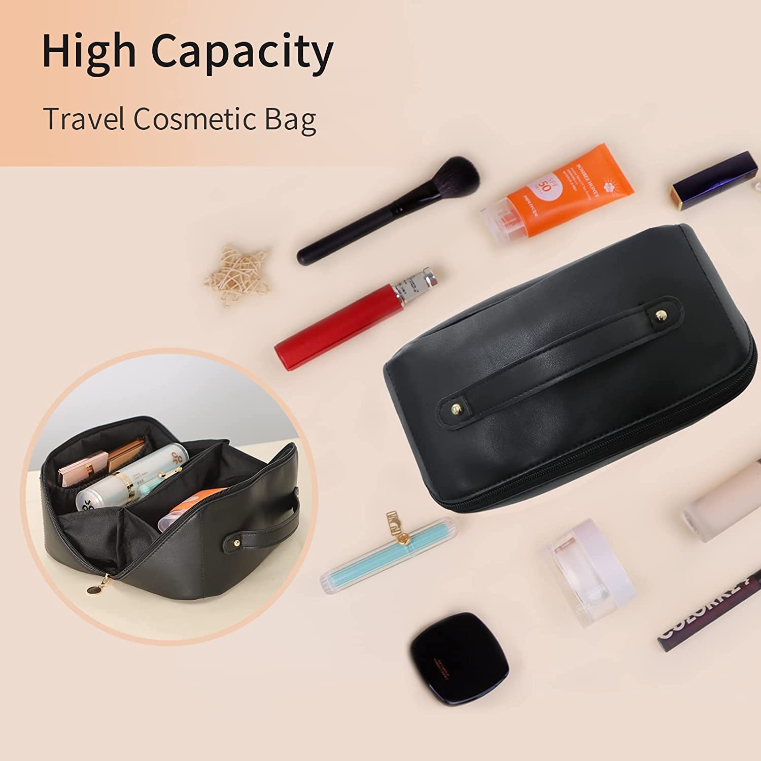 Cosmetic & Toiletry Bags: Large Travel Cosmetic Bag Portable Make up Makeup Bag Waterproof PU Leather Storage Black
