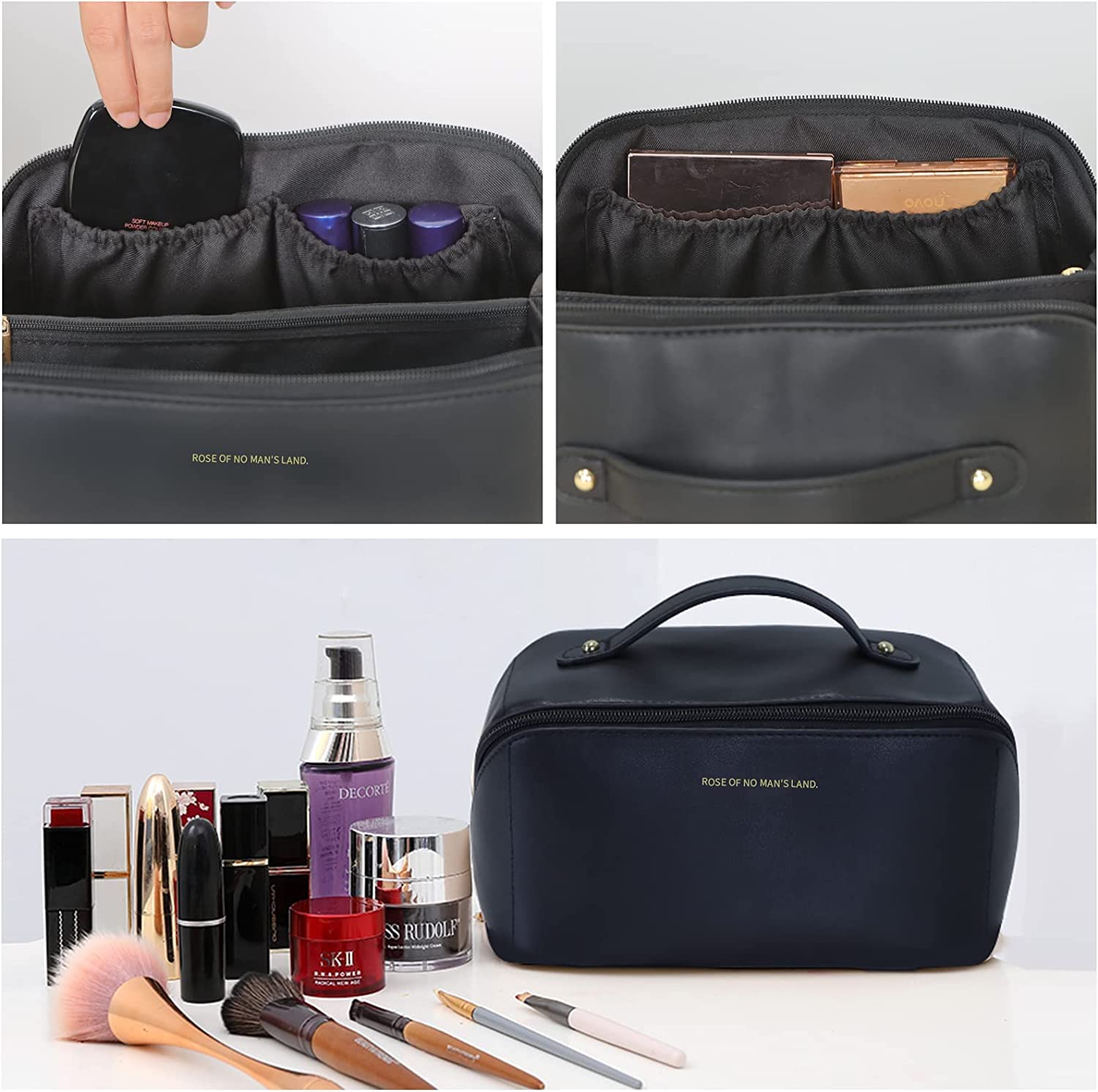 Cosmetic & Toiletry Bags: Large Travel Cosmetic Bag Portable Make up Makeup Bag Waterproof PU Leather Storage Black