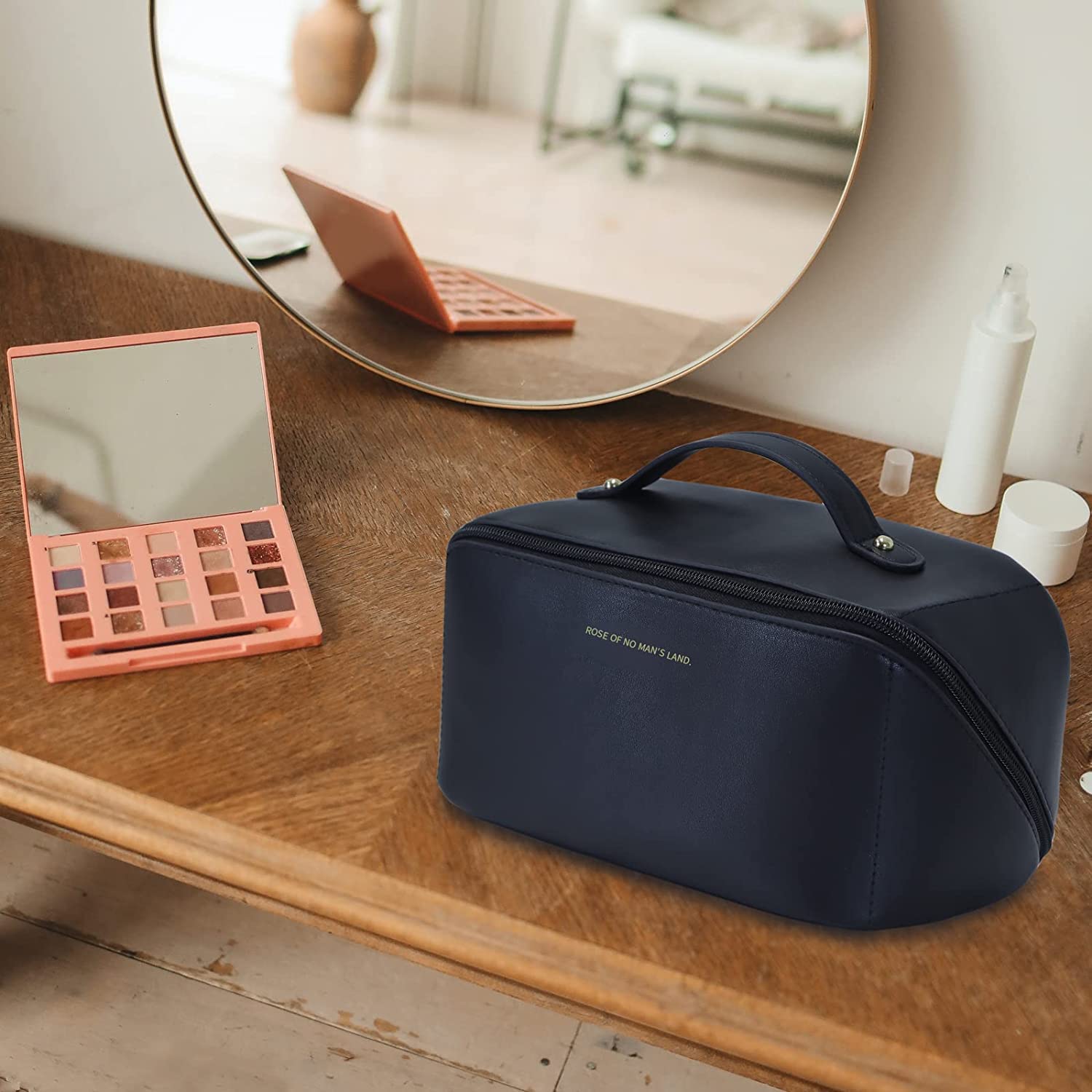 Cosmetic & Toiletry Bags: Large Travel Cosmetic Bag Portable Make up Makeup Bag Waterproof PU Leather Storage Black