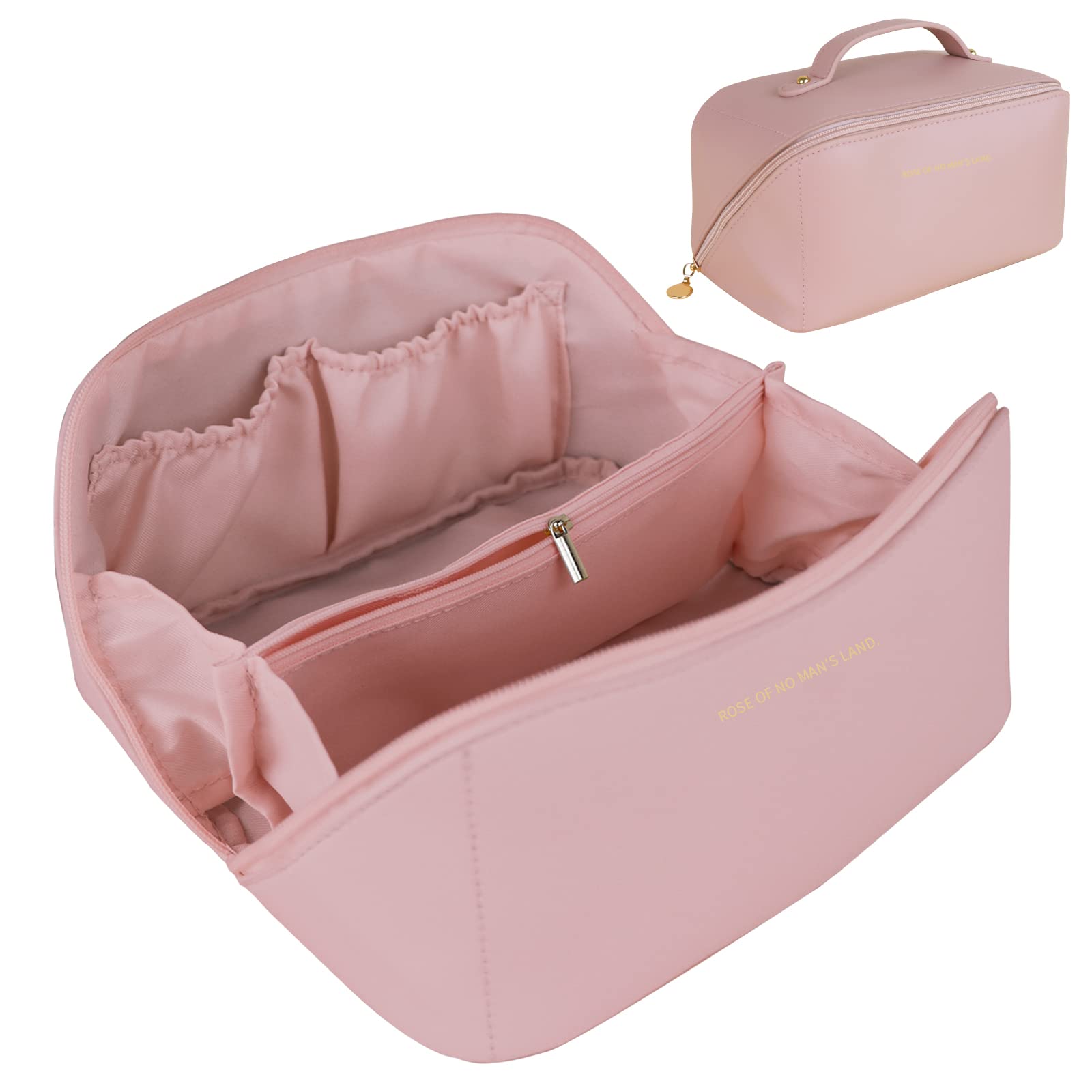 Cosmetic & Toiletry Bags: Large Travel Cosmetic Bag Portable Make up Makeup Bag Waterproof PU Leather Storage Pink