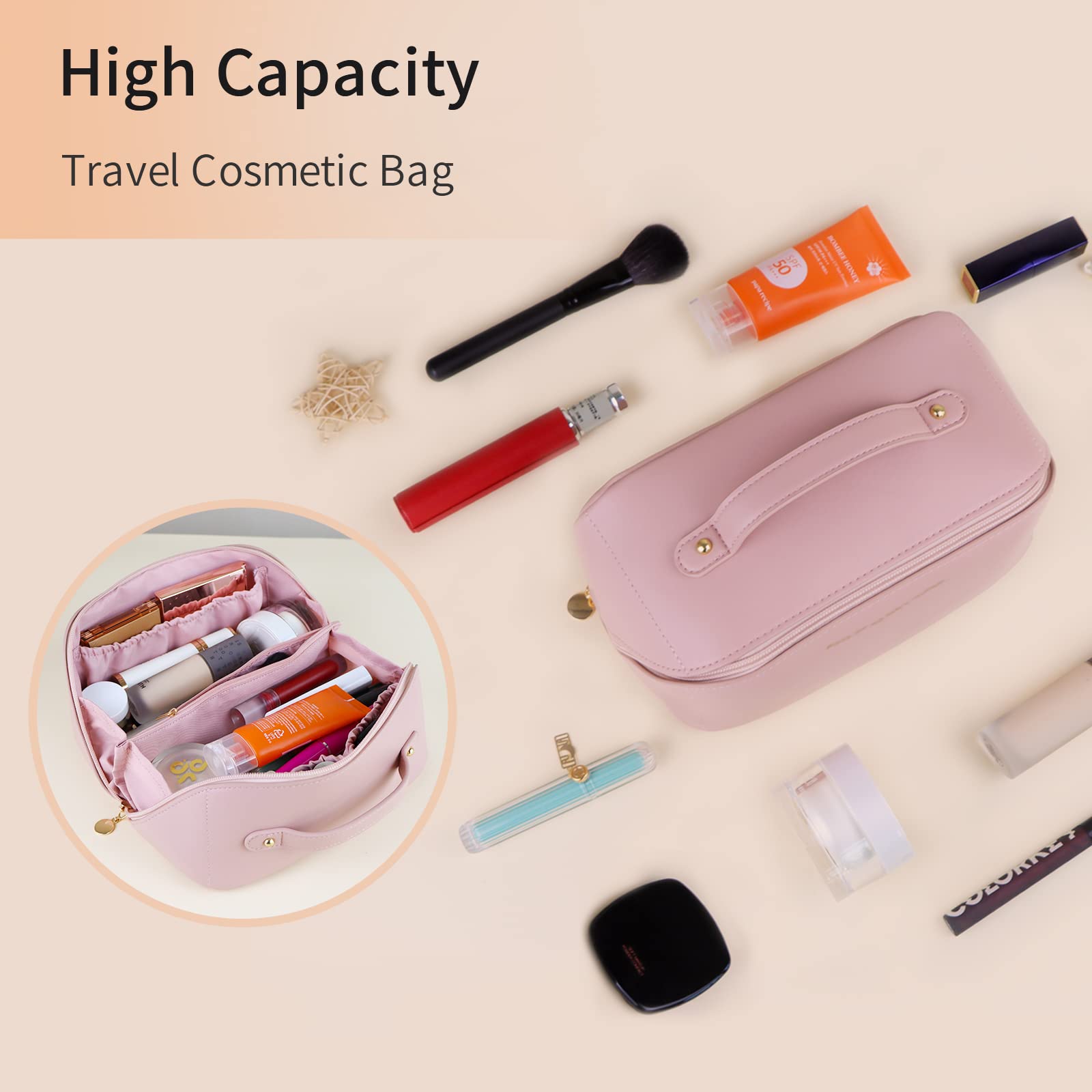 Cosmetic & Toiletry Bags: Large Travel Cosmetic Bag Portable Make up Makeup Bag Waterproof PU Leather Storage Pink