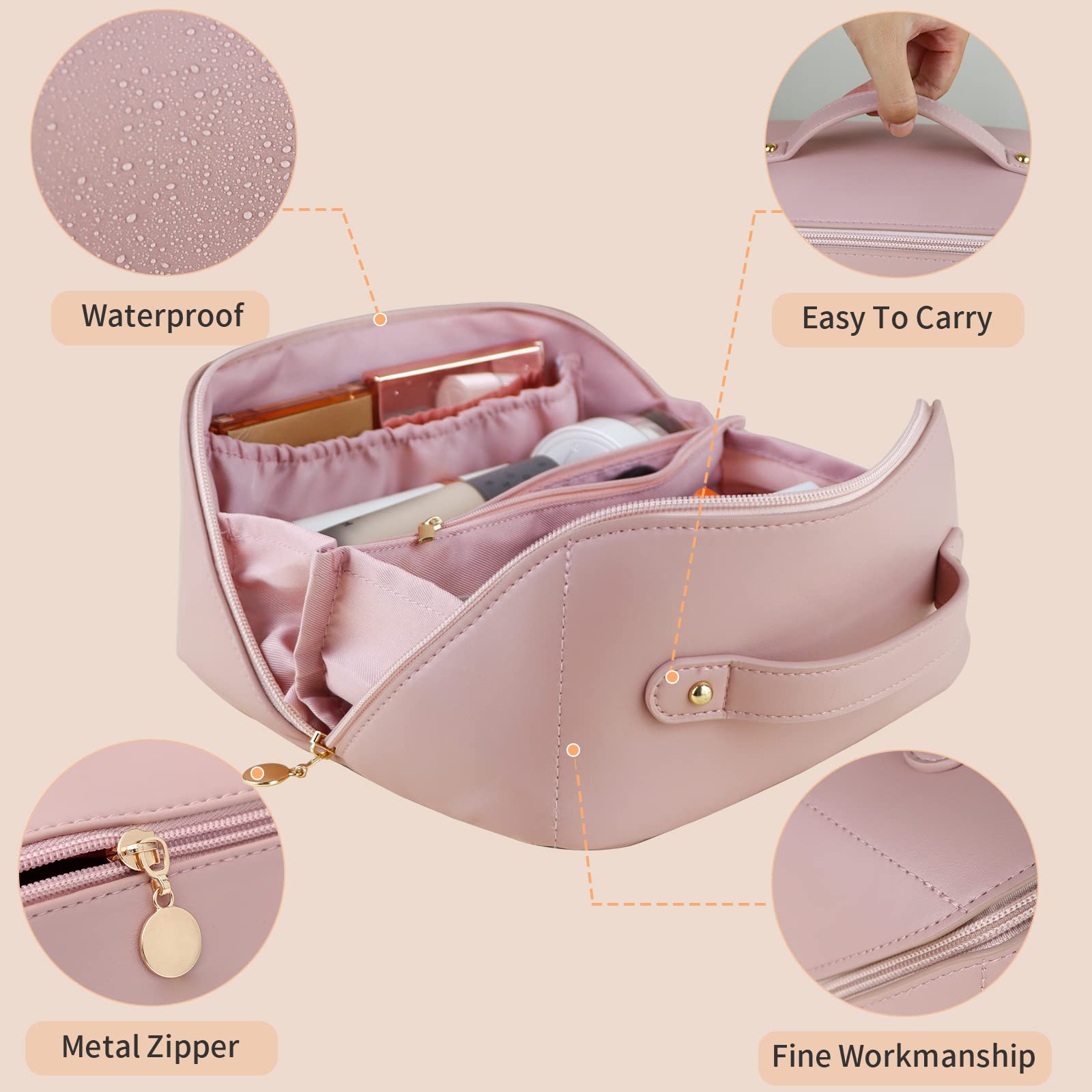 Cosmetic & Toiletry Bags: Large Travel Cosmetic Bag Portable Make up Makeup Bag Waterproof PU Leather Storage Pink