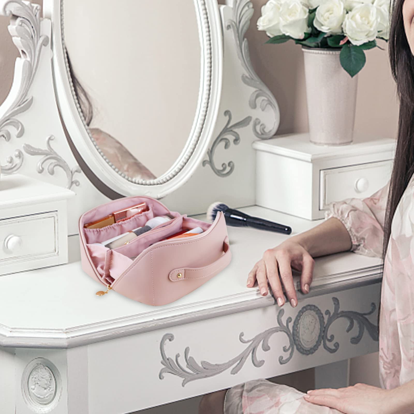 Cosmetic & Toiletry Bags: Large Travel Cosmetic Bag Portable Make up Makeup Bag Waterproof PU Leather Storage Pink