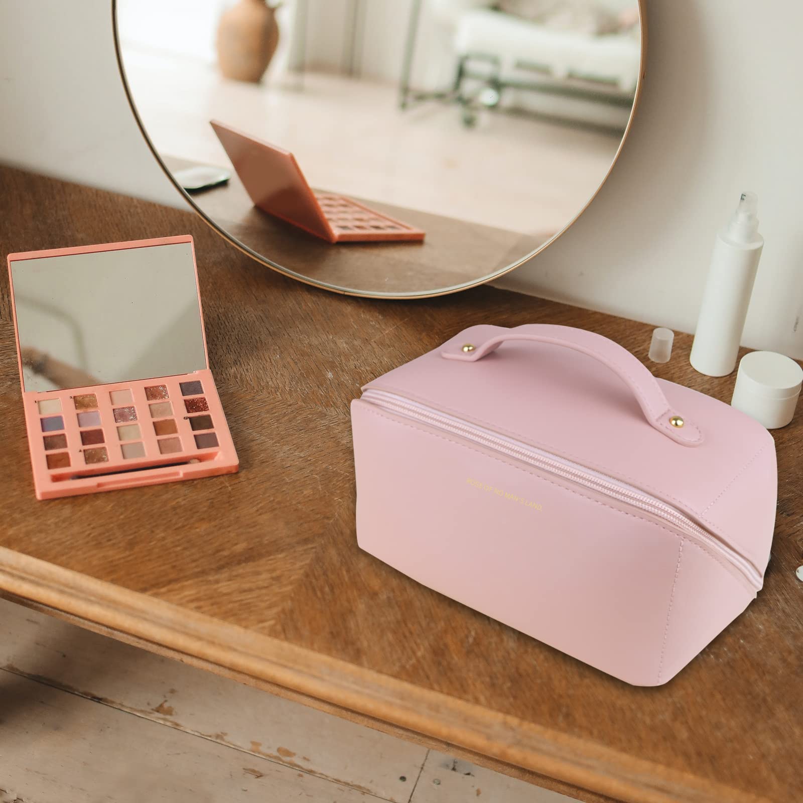 Cosmetic & Toiletry Bags: Large Travel Cosmetic Bag Portable Make up Makeup Bag Waterproof PU Leather Storage Pink