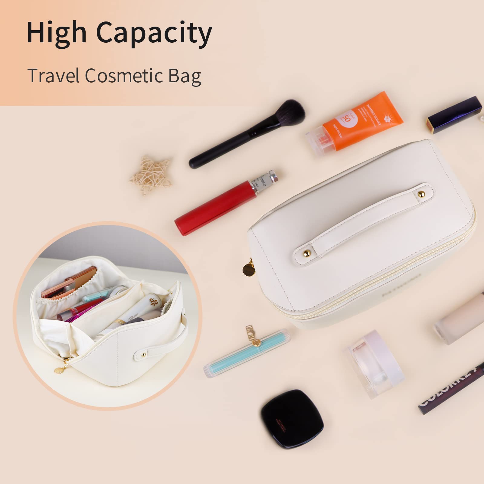 Cosmetic & Toiletry Bags: Large Travel Cosmetic Bag Portable Make up Makeup Bag Waterproof PU Leather Storage White