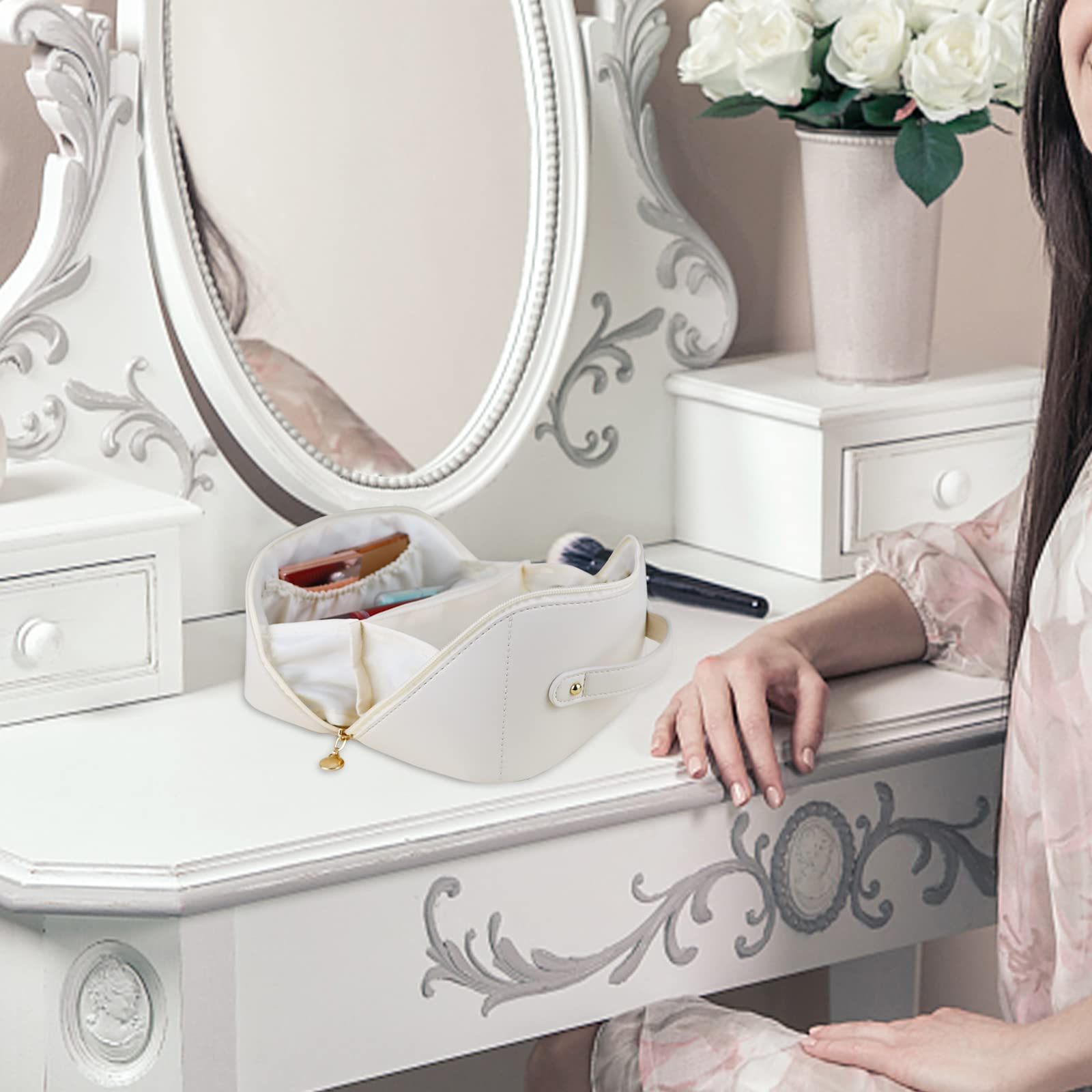 Cosmetic & Toiletry Bags: Large Travel Cosmetic Bag Portable Make up Makeup Bag Waterproof PU Leather Storage White