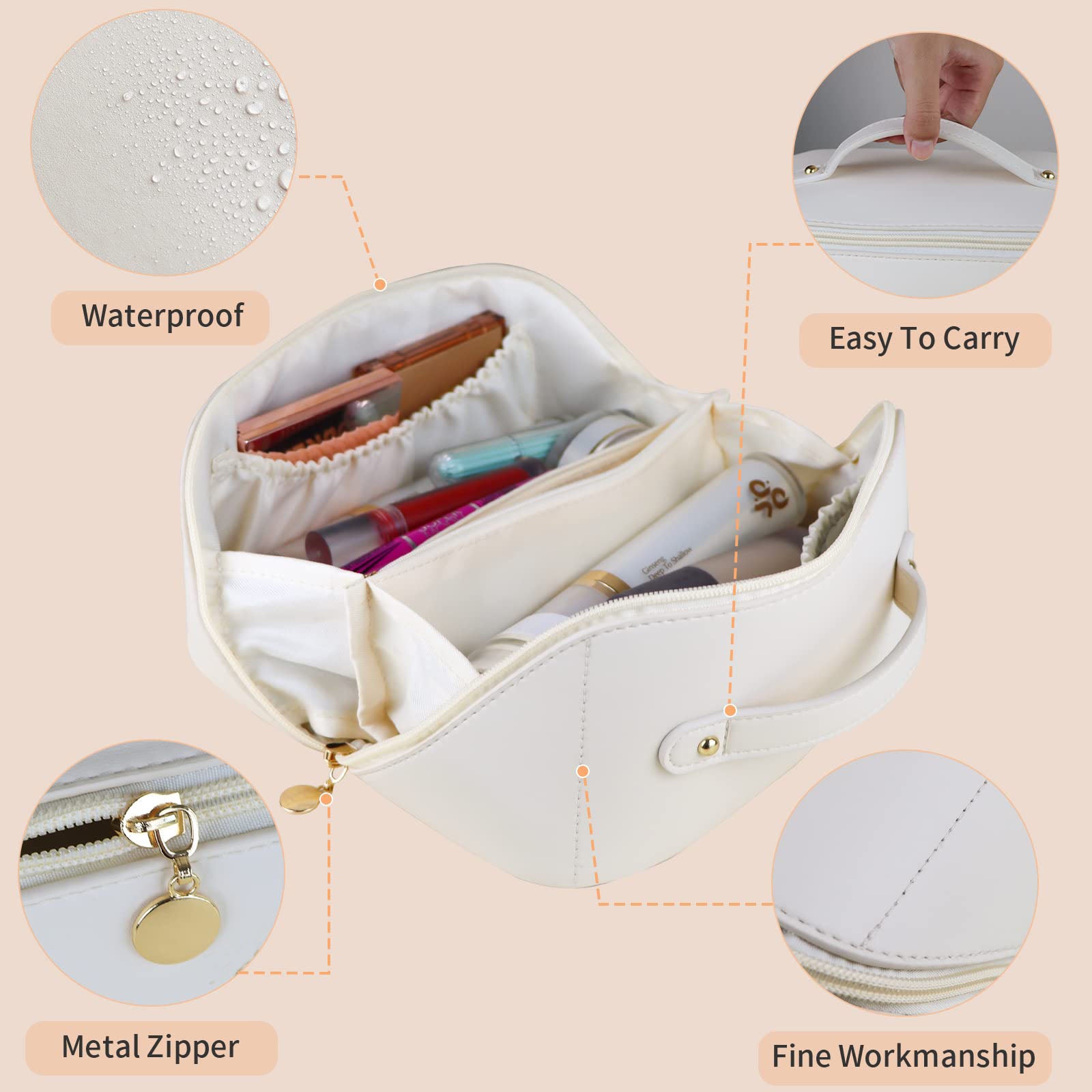 Cosmetic & Toiletry Bags: Large Travel Cosmetic Bag Portable Make up Makeup Bag Waterproof PU Leather Storage White