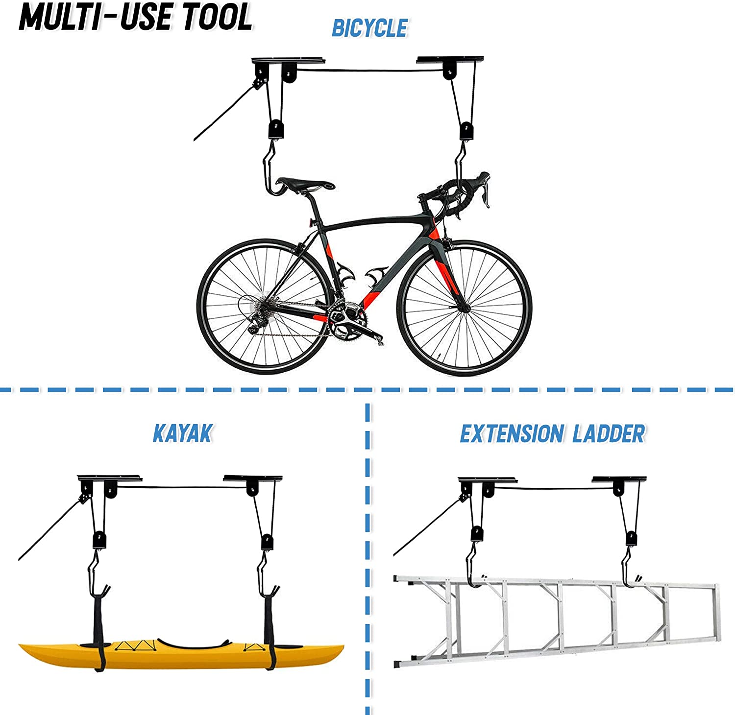 Kitchen & Bathroom DIY: Kayak Bike Hoists Hanger Ladder Ceiling Mount 20kg Capacity Hooks Pulleys