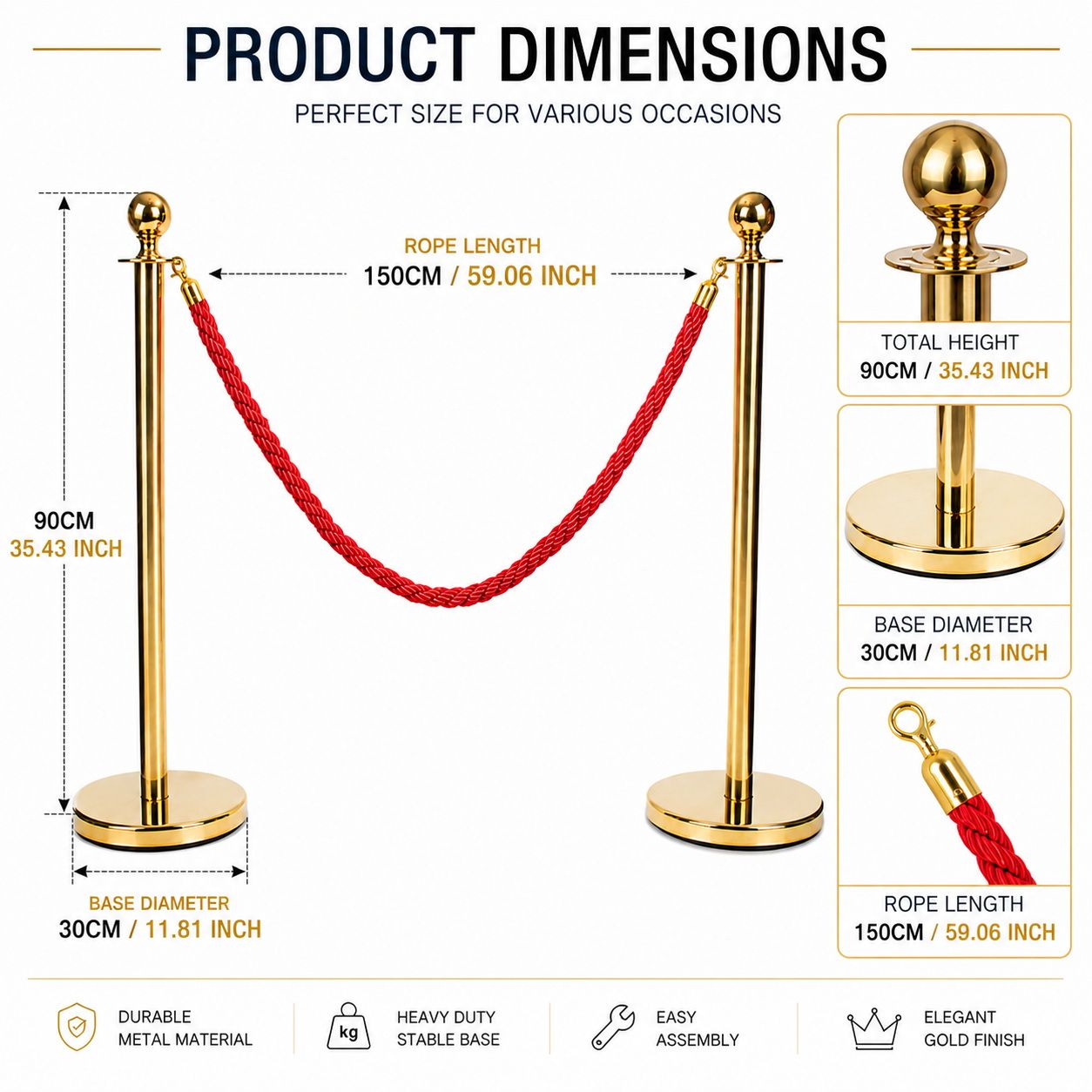 Gold Queue Barrier Stanchion Set of 2 with Red Velvet Rope Crowd Control Bollards
