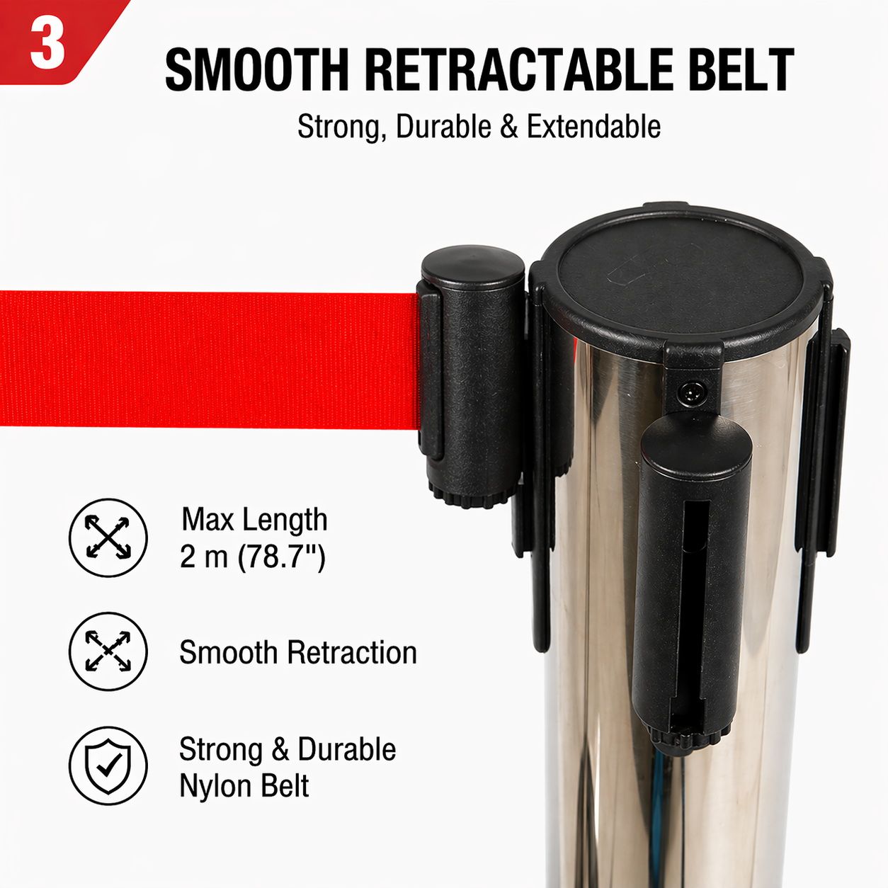 2 Pack Queue Barrier Stanchion Posts Retractable Belt Crowd Control Safety Barrier Silver Red